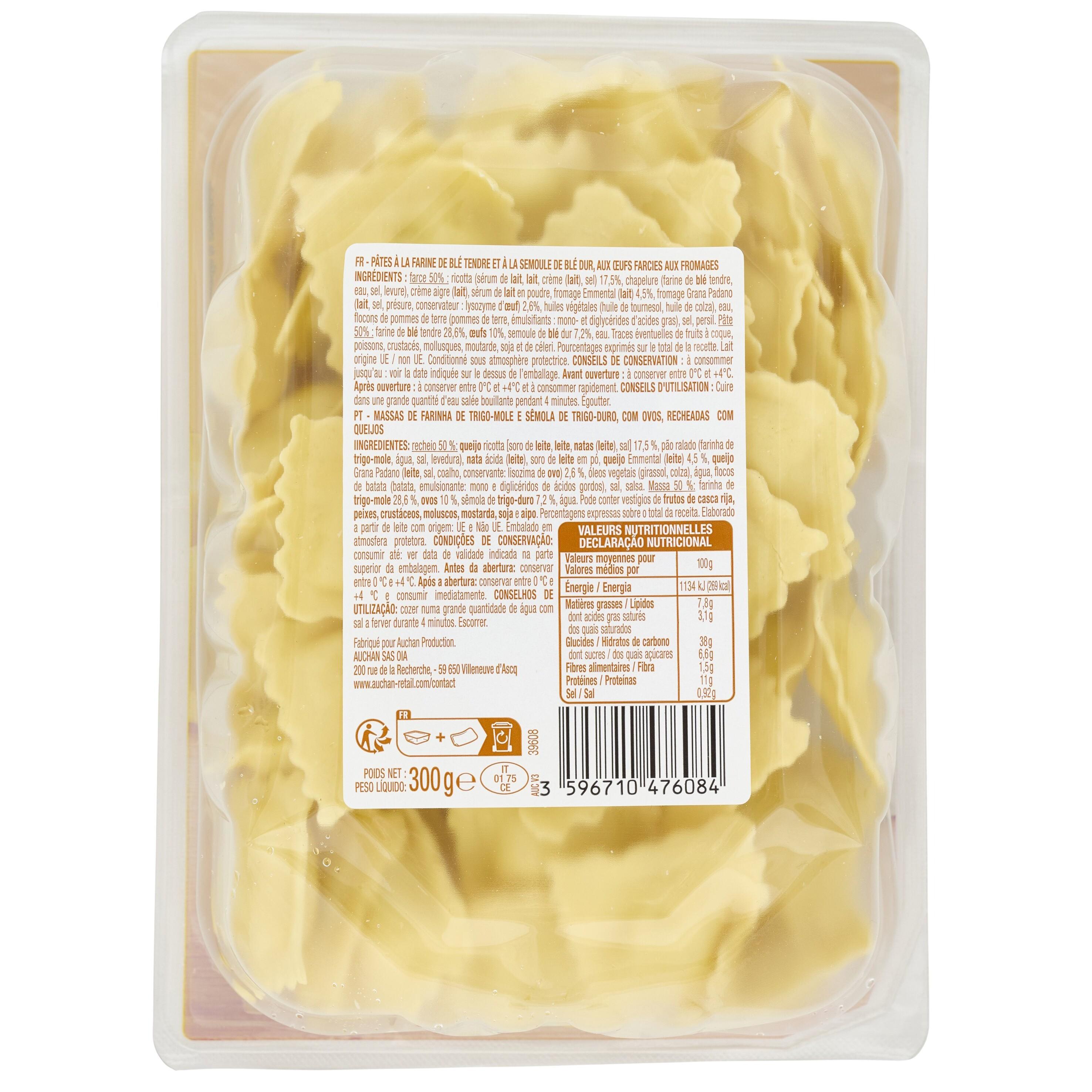 Voir la diapositive 2 : AUCHAN Ravioli aux fromages 2 parts 300g