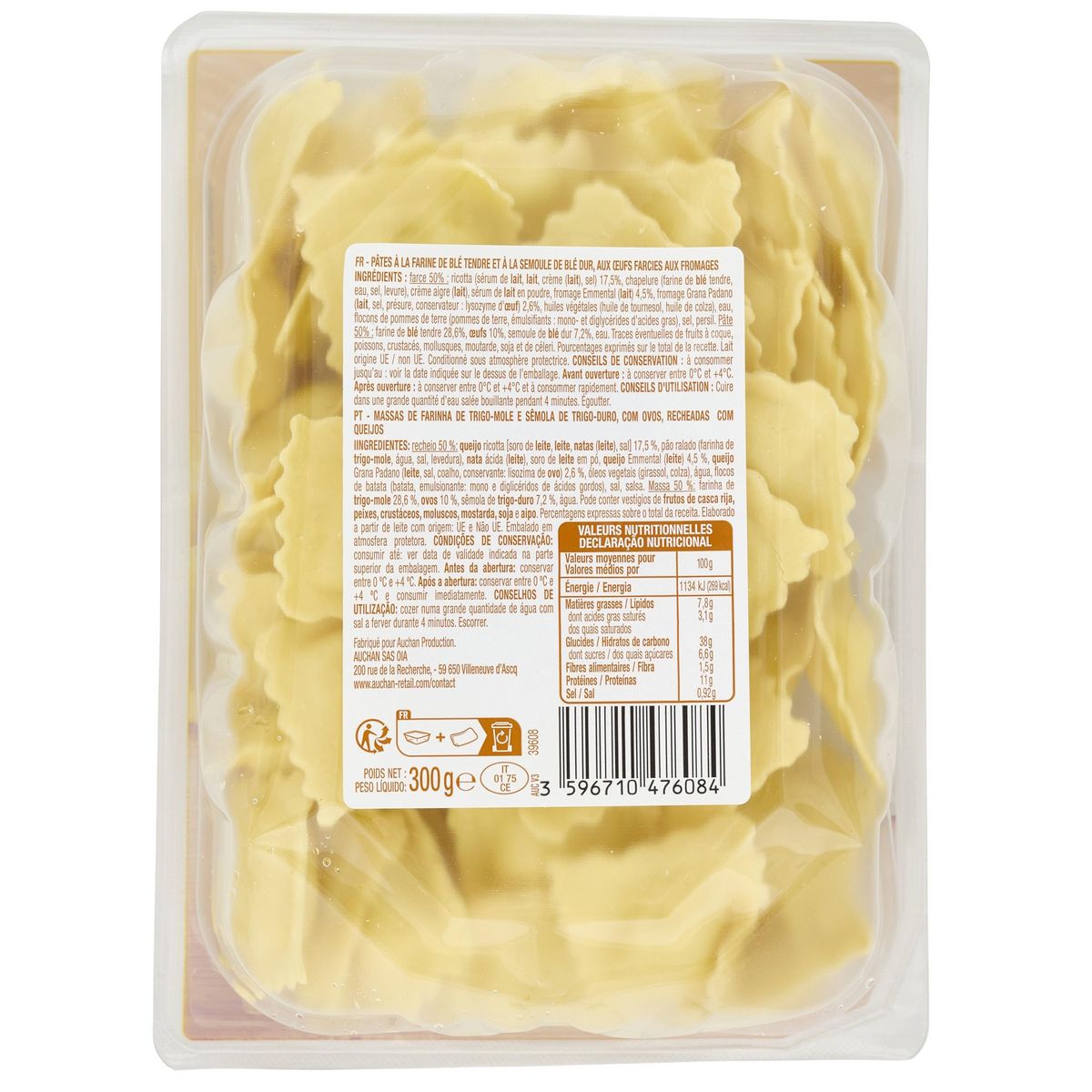 AUCHAN Ravioli aux fromages 2 parts 300g