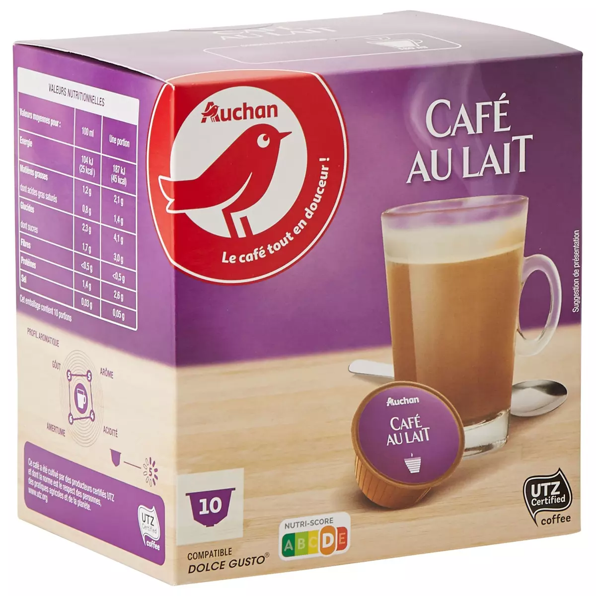 AUCHAN Capsules de café au lait compatibles Dolce Gusto 10 capsules 100g