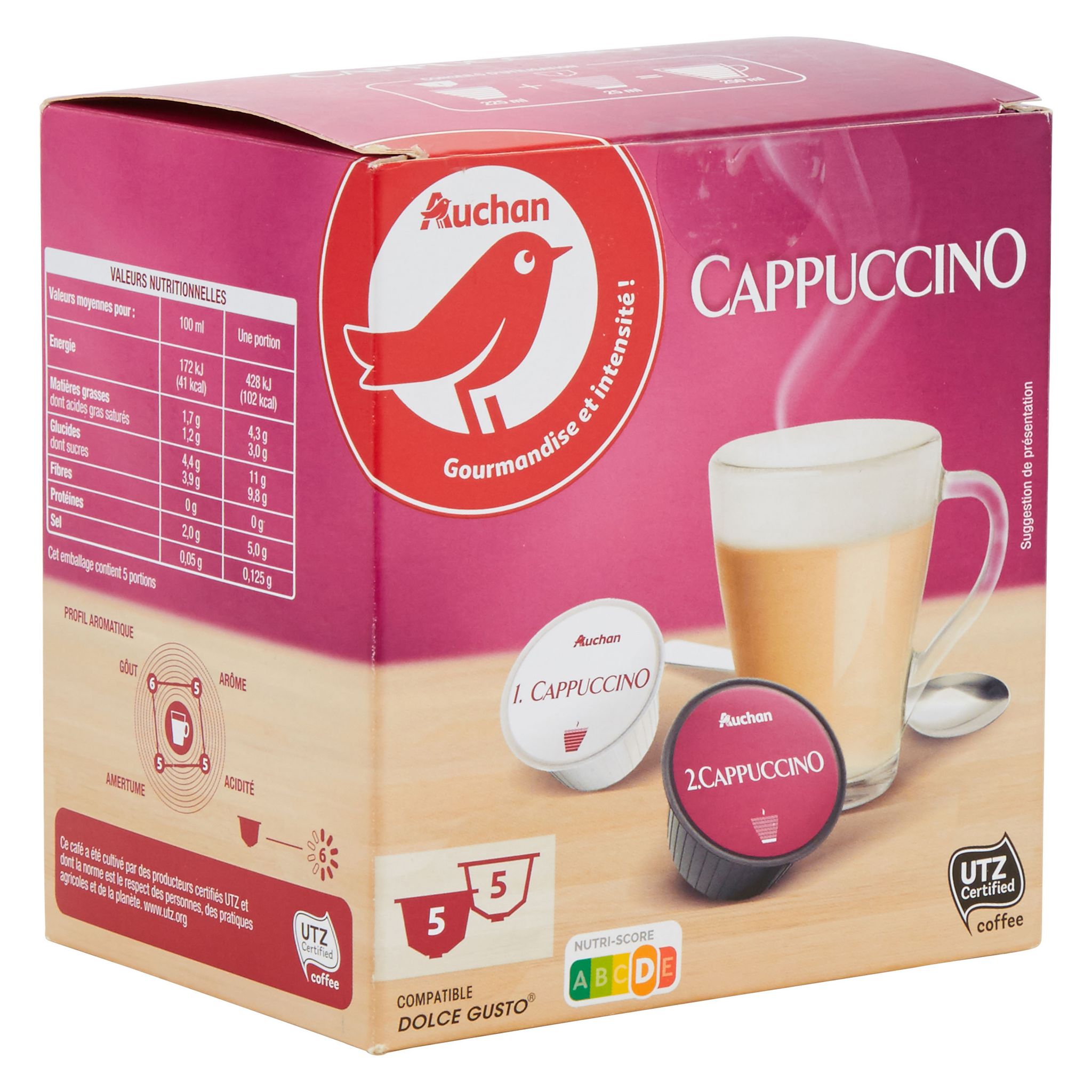AUCHAN Capsules de café cappuccino compatibles Dolce Gusto 10 capsules 110g
