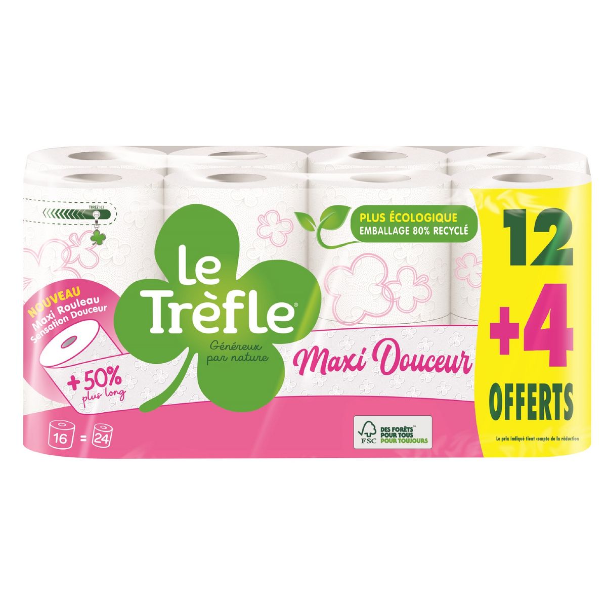 LE TRÈFLE Papier toilette blanc maxi douceur 12 rouleaux + 4 offerts