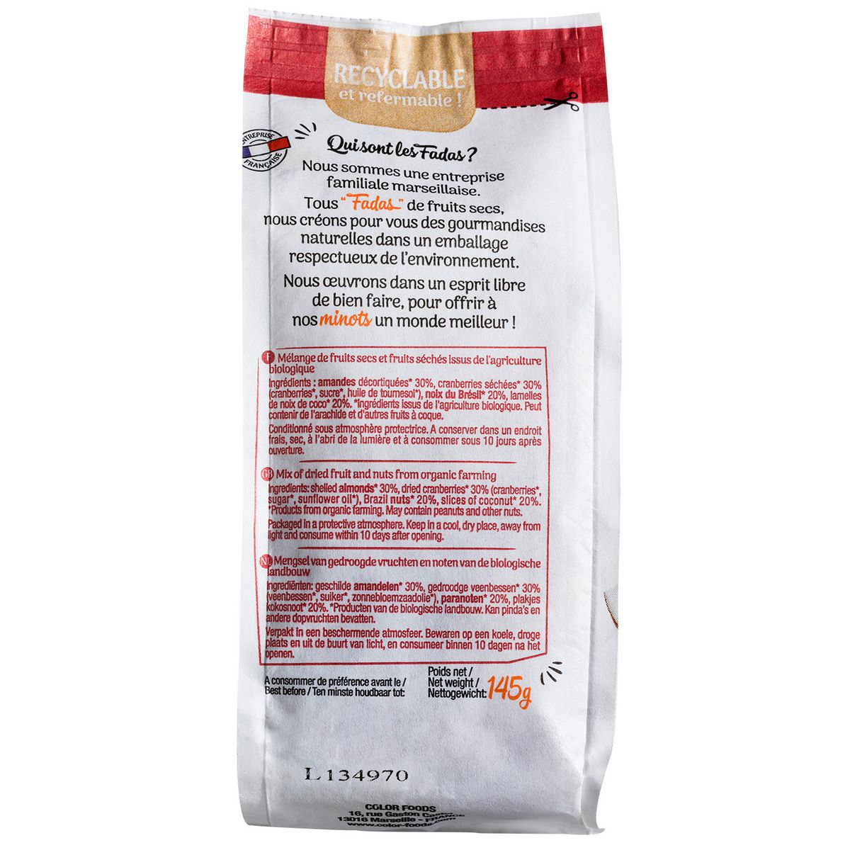 LES FADAS Mélange de fruits secs bio 140g