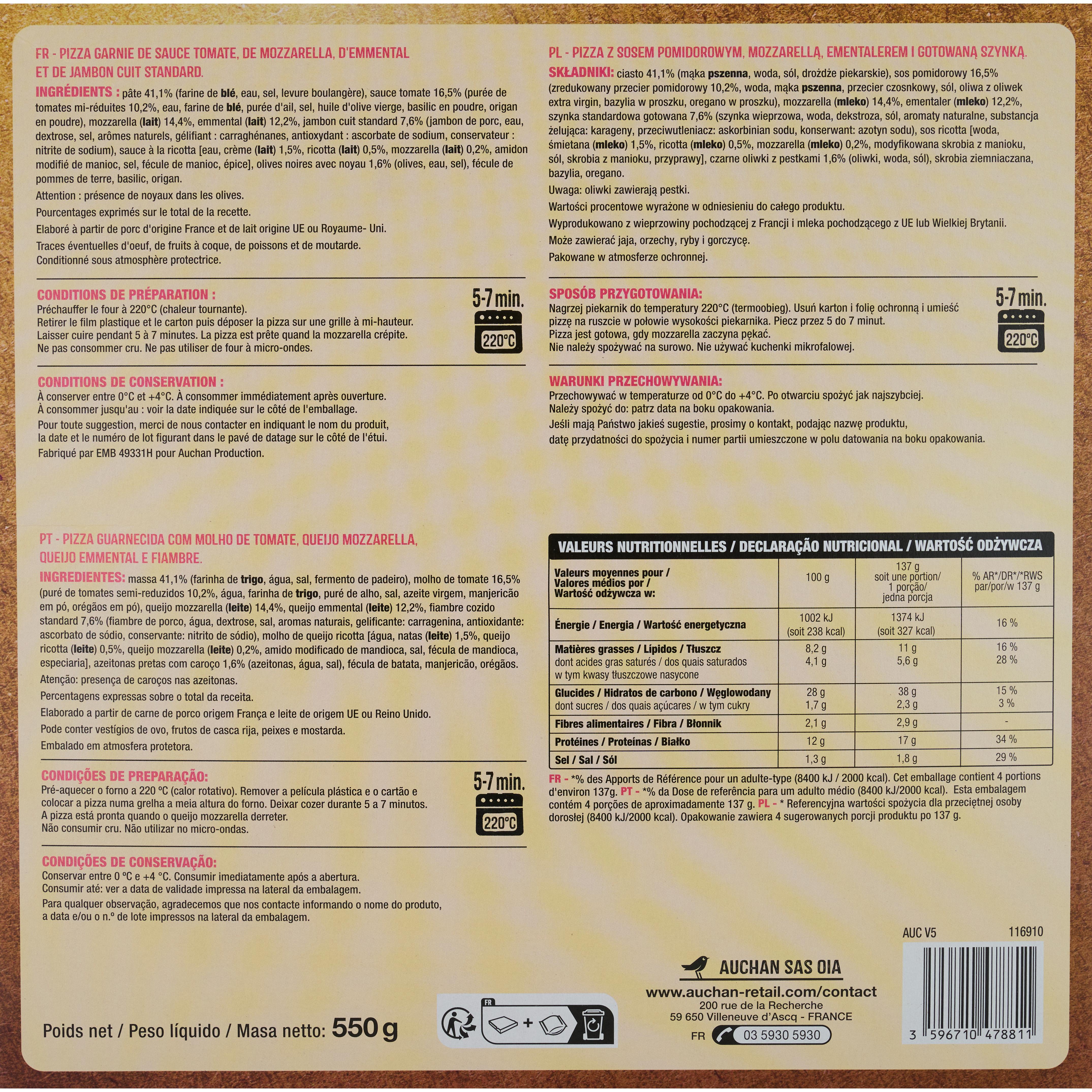 Voir la diapositive 2 : AUCHAN Crousti'zza pizza jambon fromage 1 pièce 550g
