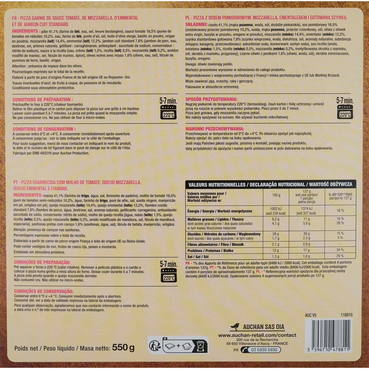 AUCHAN Crousti'zza pizza jambon fromage 1 pièce 550g