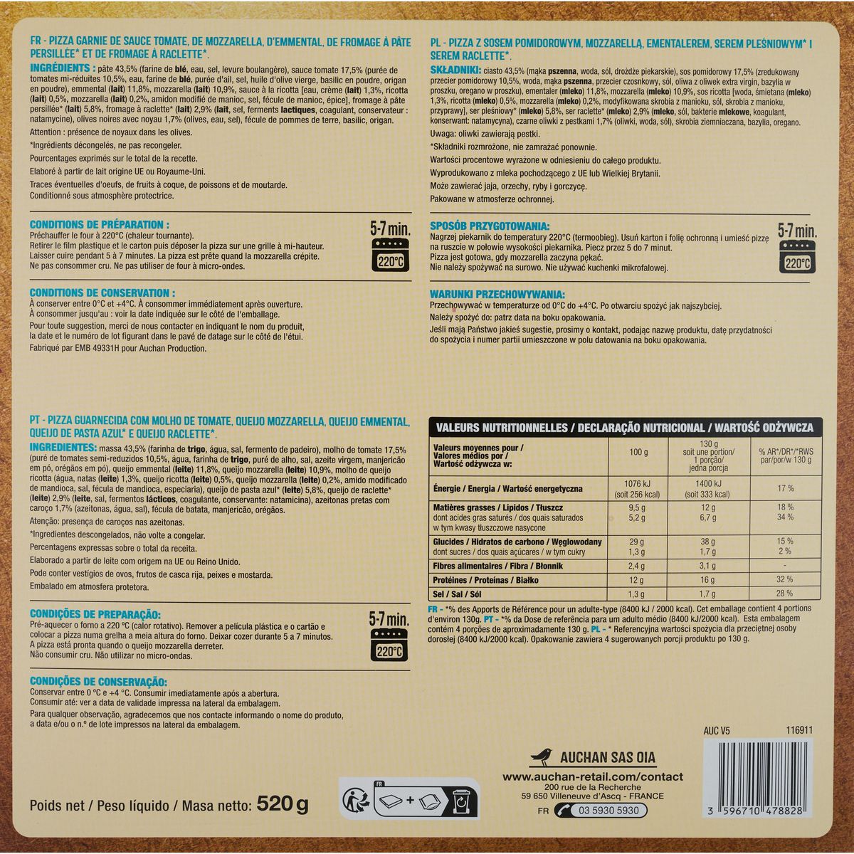 AUCHAN Crousti'zza pizza 4 fromages 1 pièce 550g