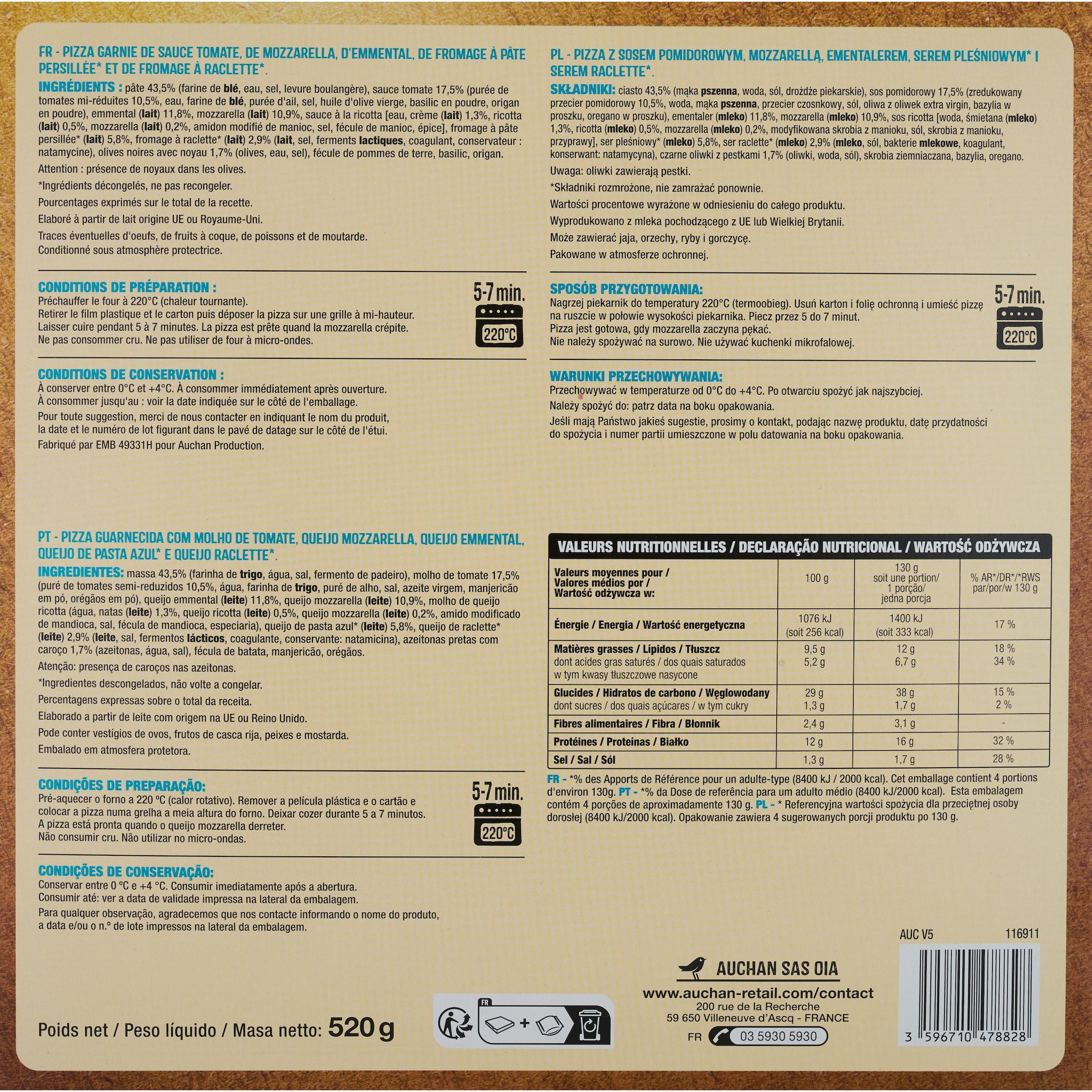 Voir la diapositive 3 : AUCHAN Crousti'zza pizza 4 fromages 1 pièce 550g