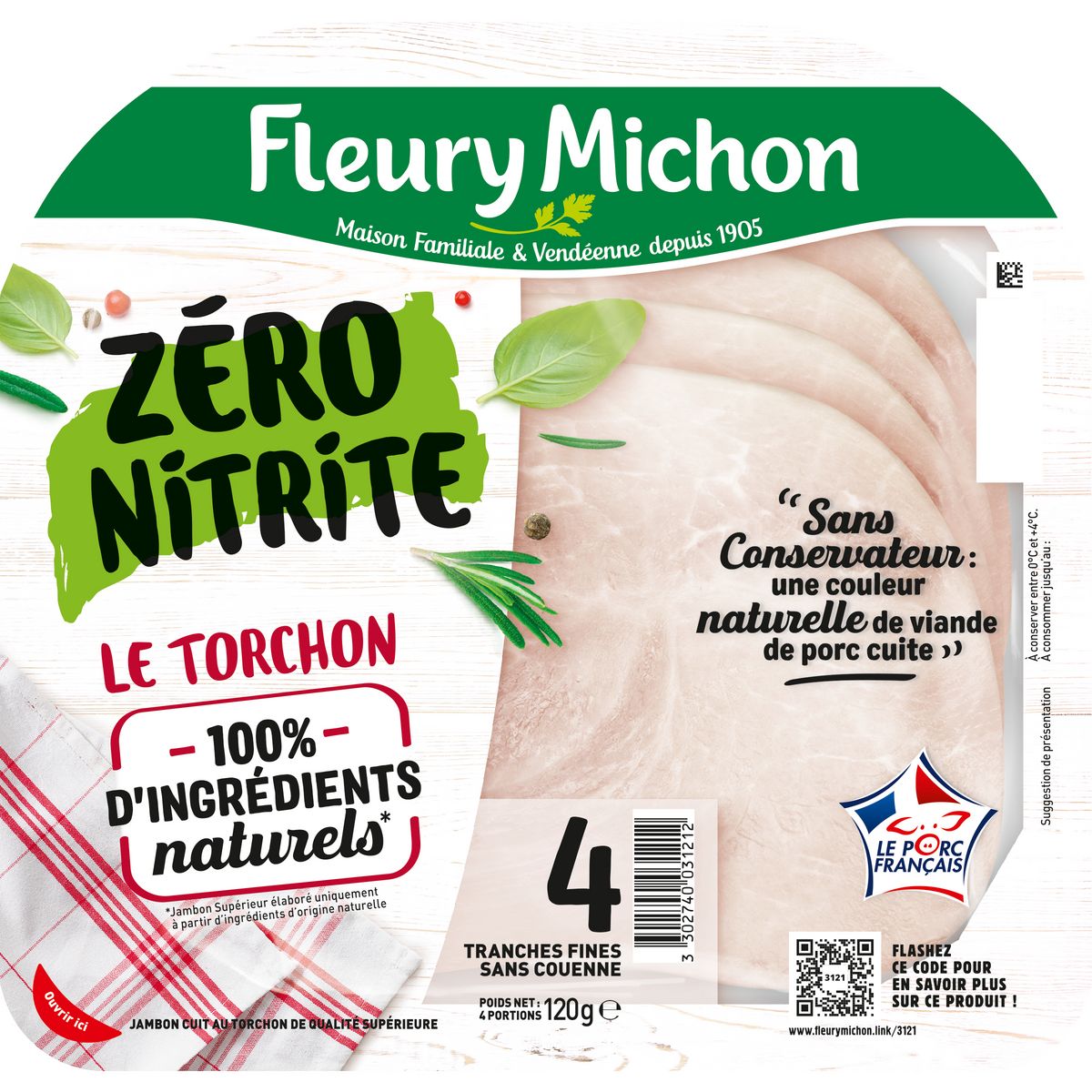 FLEURY MICHON Jambon le torchon zéro nitrite 4 tranches 120g