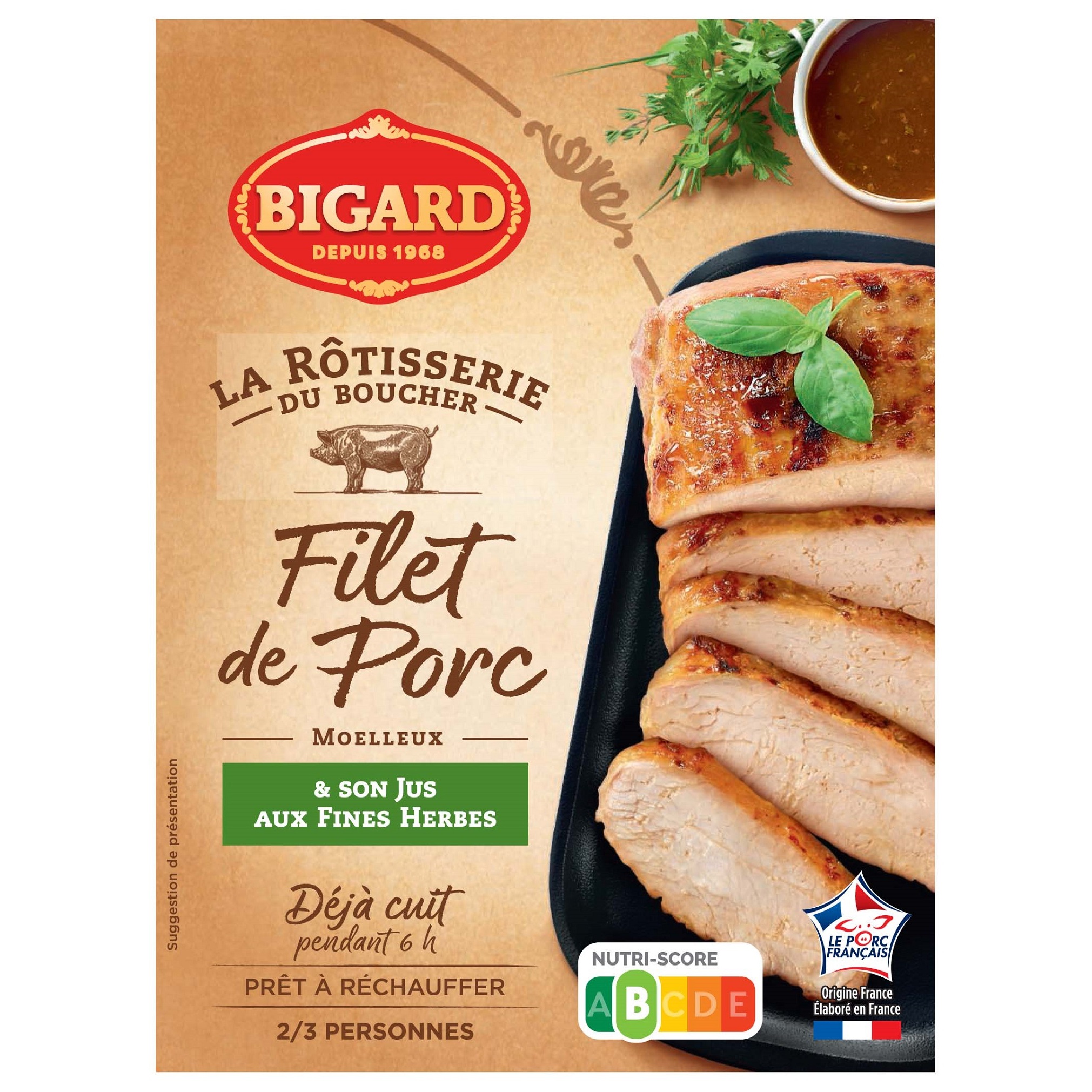 Voir la diapositive 2 : BIGARD Filet de porc moelleux déjà cuit et son jus aux fines herbes 2/3 parts 400g