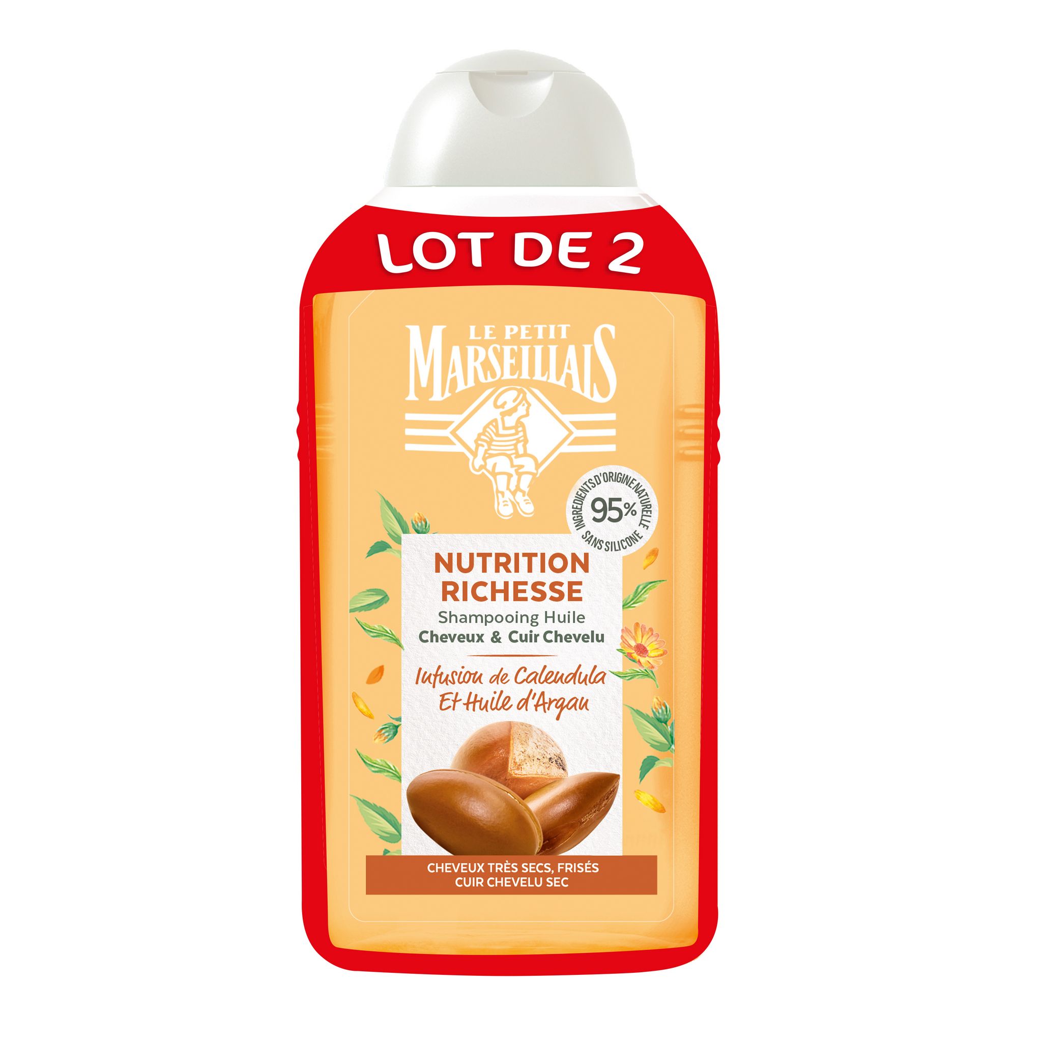 LE PETIT MARSEILLAIS Shampooing huile calendula argan cheveux très secs 2x250ml
