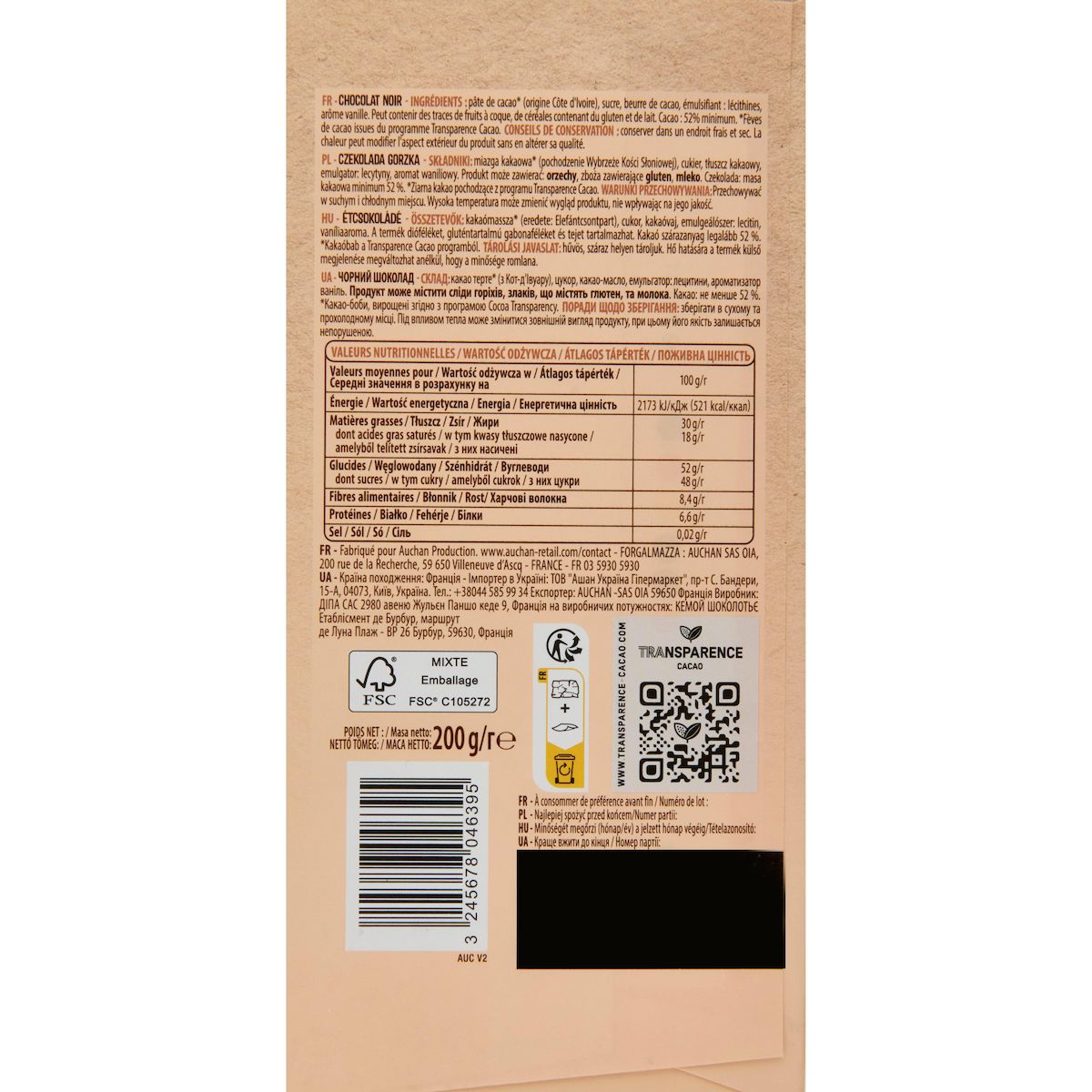 AUCHAN CULTIVONS LE BON Tablette de chocolat noir pâtissier 52% cacao 1 pièce 200g