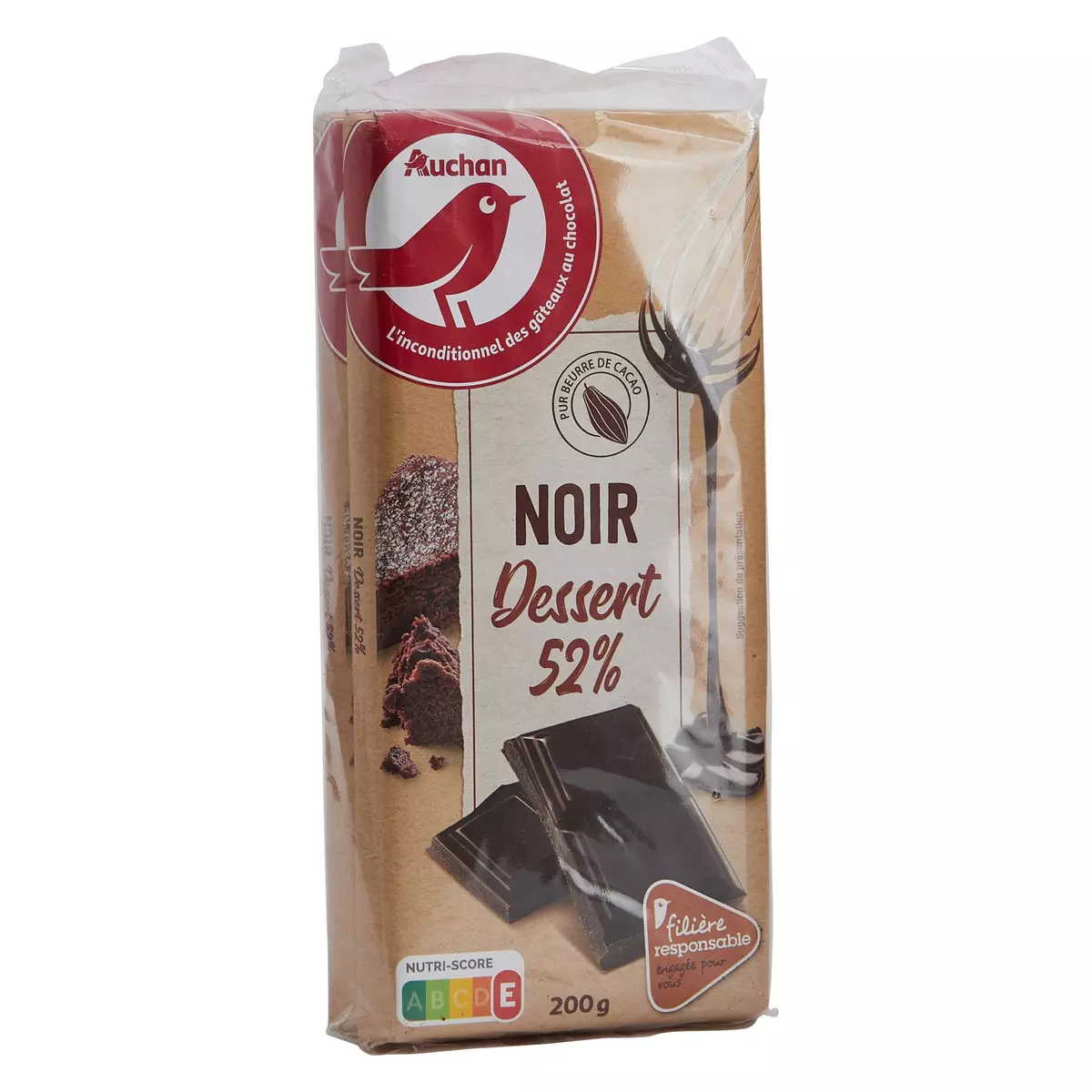 AUCHAN Tablette de chocolat noir pâtissier 52% de cacao Filière responsable 2 pièces 2x200g