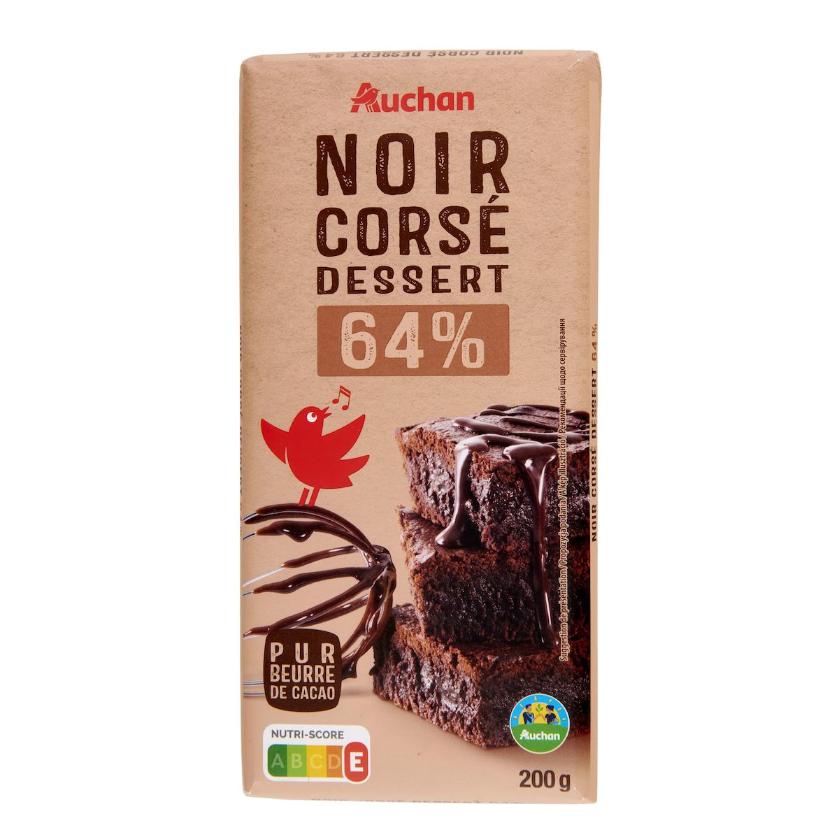 AUCHAN CULTIVONS LE BON Tablette de chocolat noir pâtissier corsé 64% cacao 1 pièce 200g