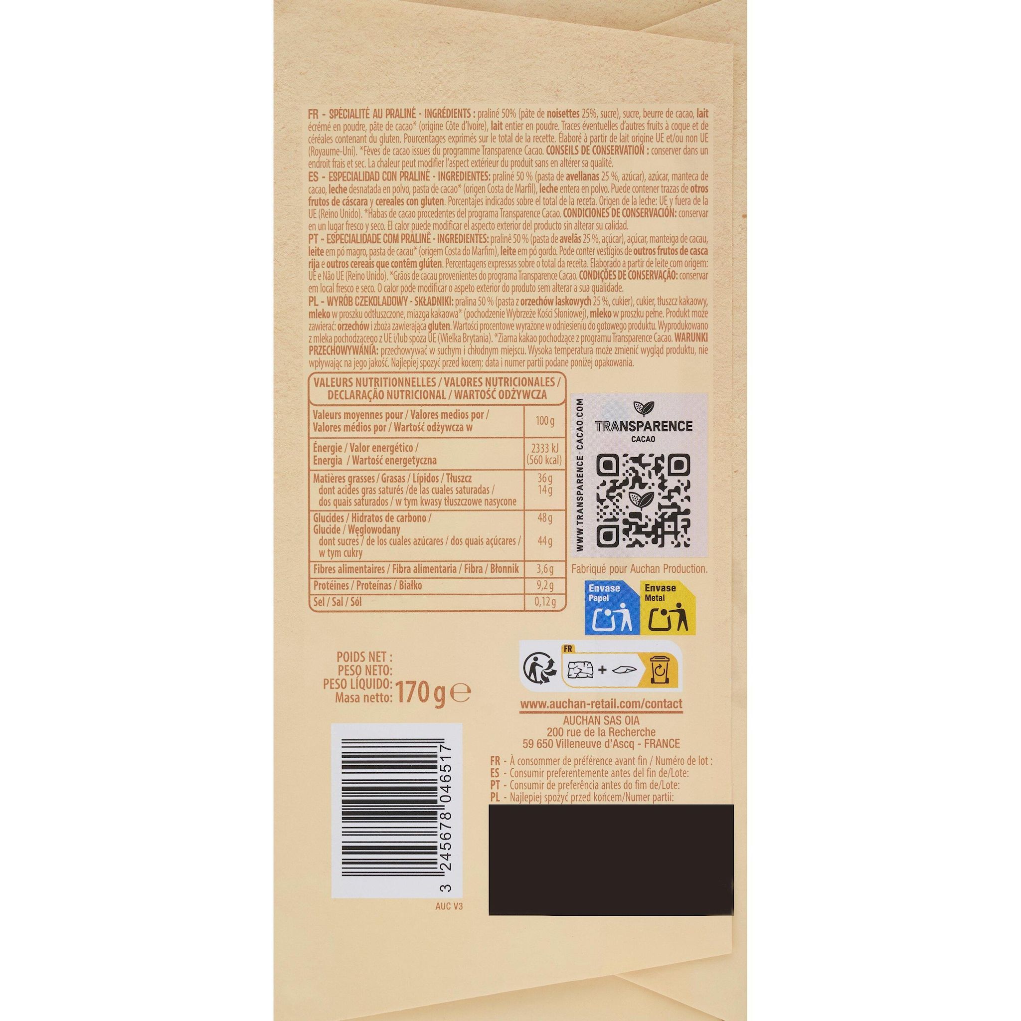 Voir la diapositive 2 : AUCHAN CULTIVONS LE BON Tablette Spécialité au praliné dessert 170g