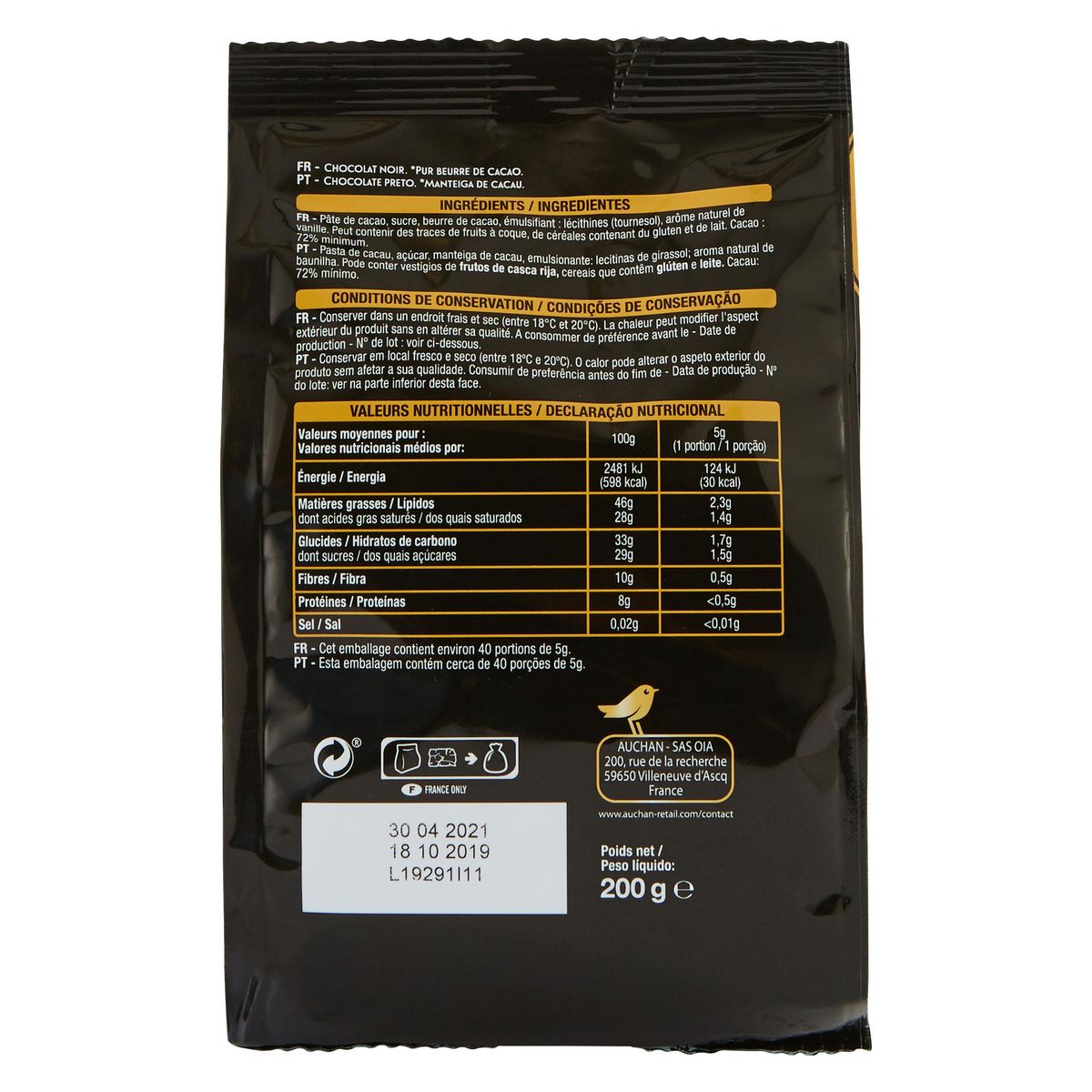 AUCHAN GOURMET Mini tablettes de chocolat noir intense 72% cacao 200g