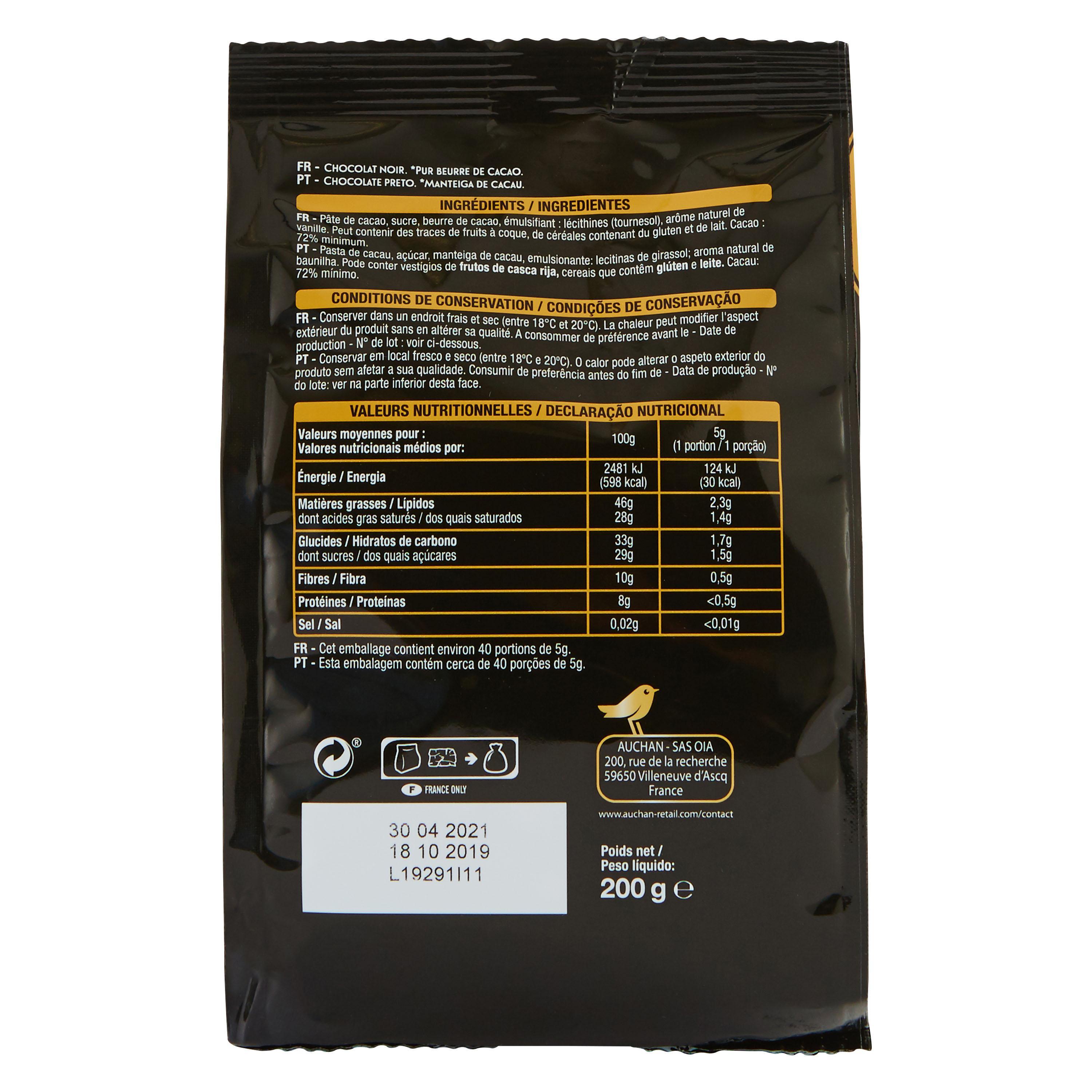 Voir la diapositive 3 : AUCHAN GOURMET Mini tablettes de chocolat noir intense 72% cacao 200g