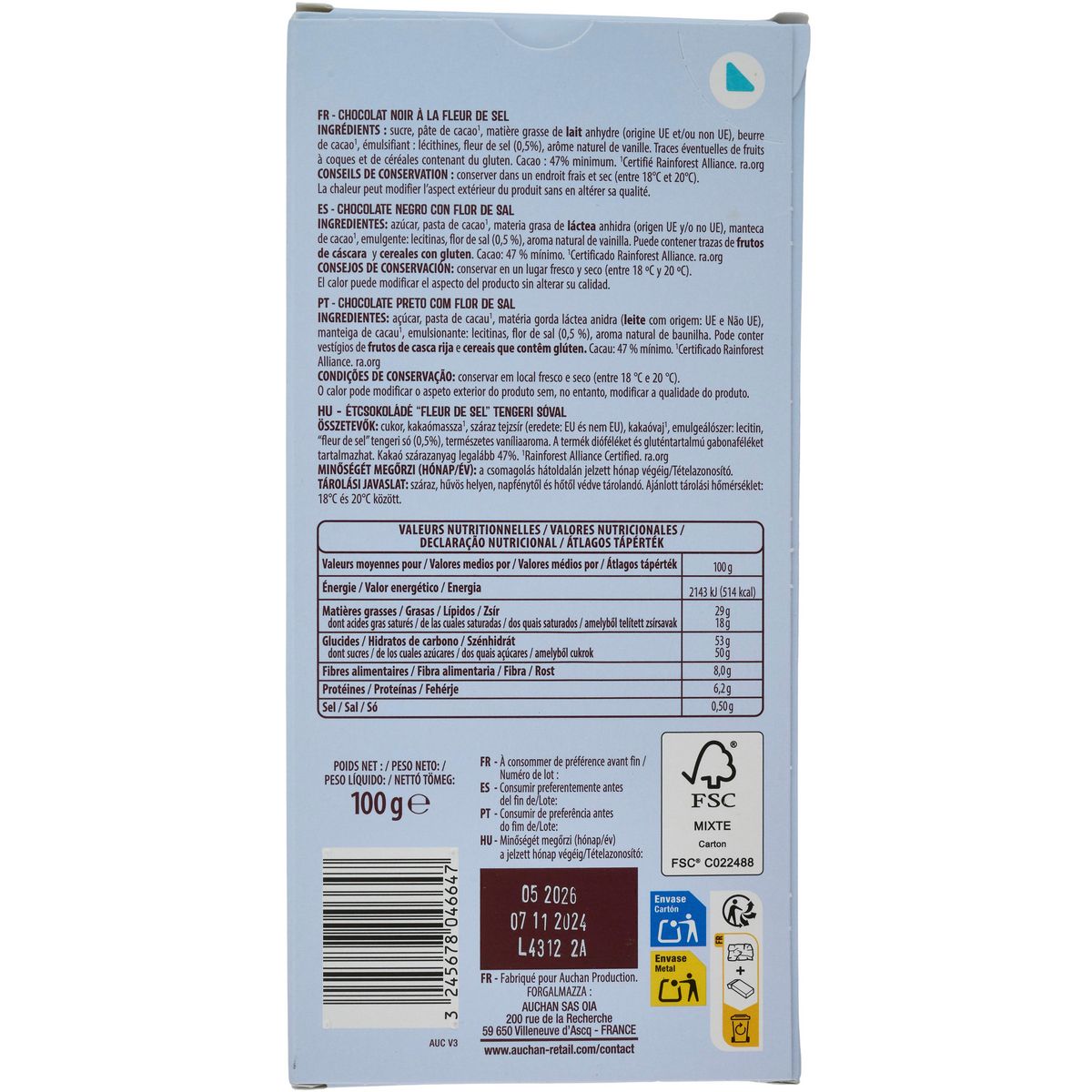 AUCHAN GOURMET Tablette de chocolat noir dégustation à la fleur de sel 47% cacao 1 pièce 100g