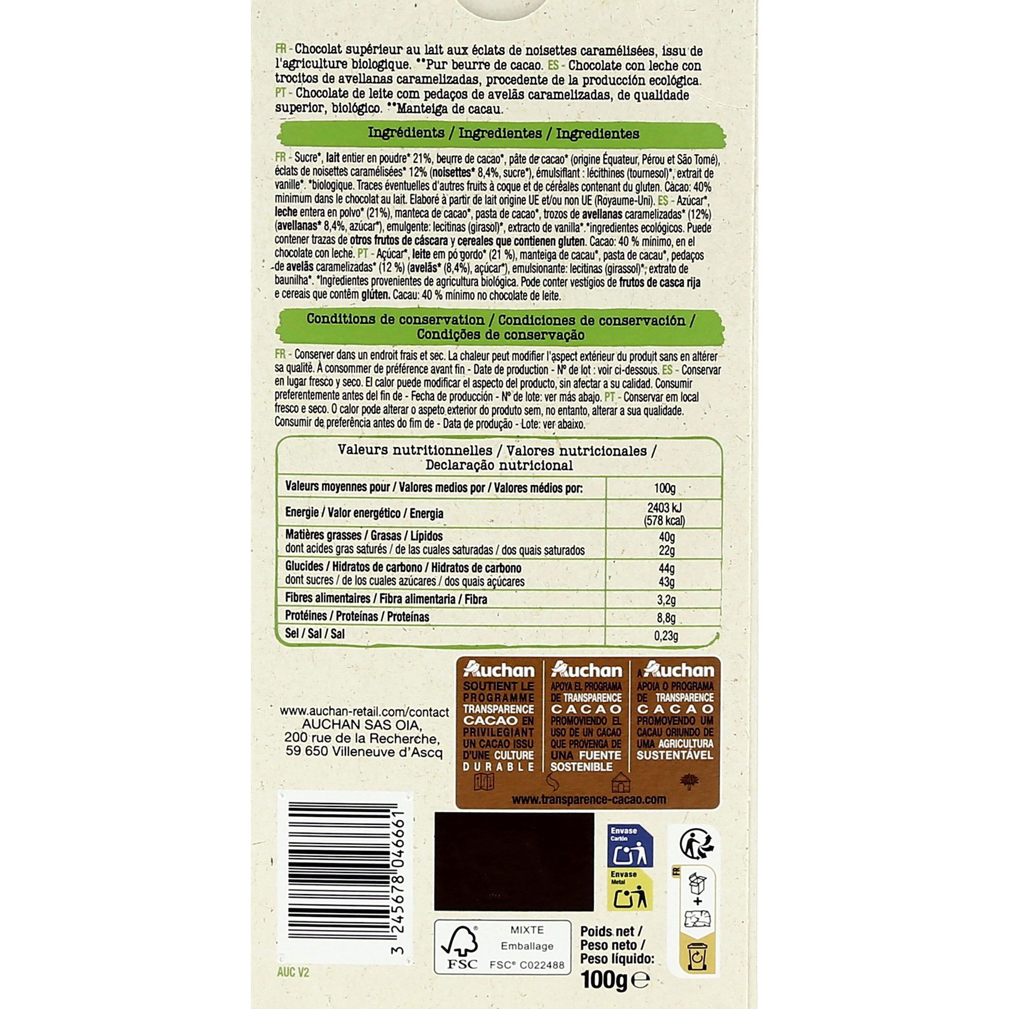Voir la diapositive 2 : AUCHAN BIO CULTIVONS LE BON Tablette de chocolat au lait éclats de noisettes caramélisées 1 pièce 100g