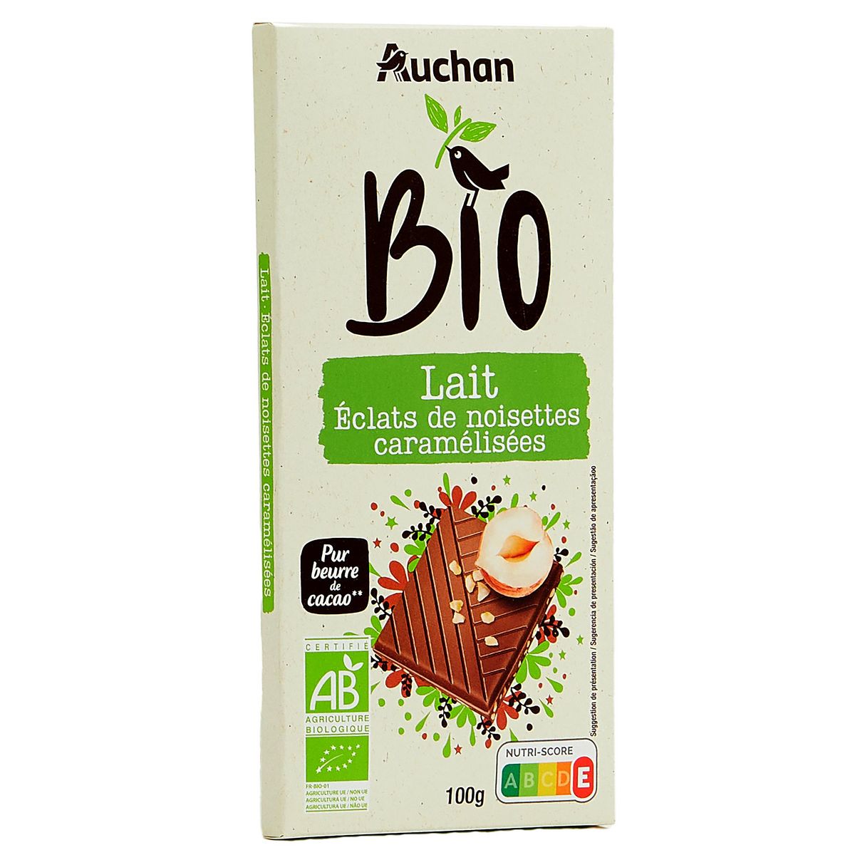 AUCHAN BIO CULTIVONS LE BON Tablette de chocolat au lait éclats de noisettes caramélisées 1 pièce 100g