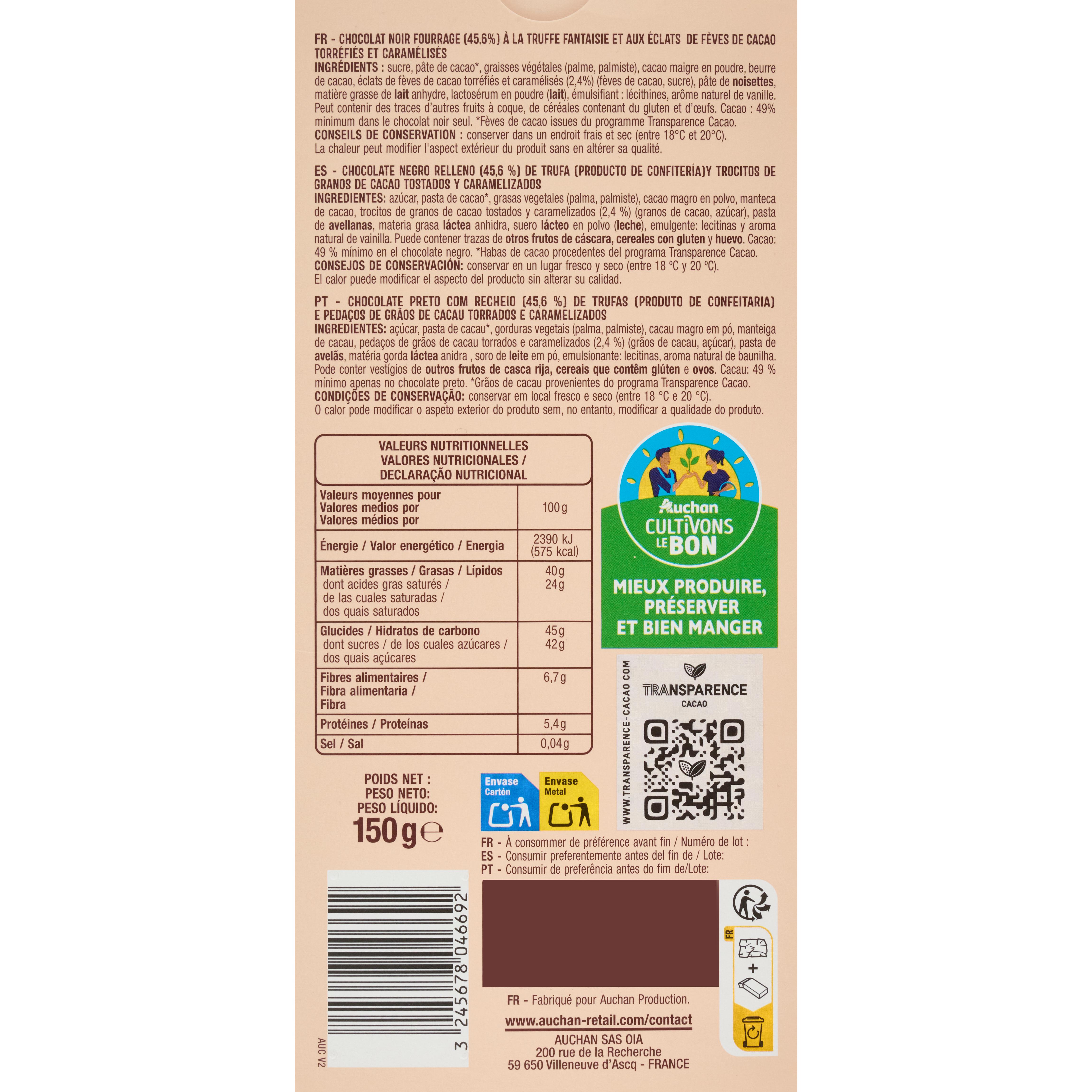 Voir la diapositive 2 : AUCHAN CULTIVONS LE BON Tablette de chocolat noir truffe fantaisie et éclats de fèves 1 pièce 150g