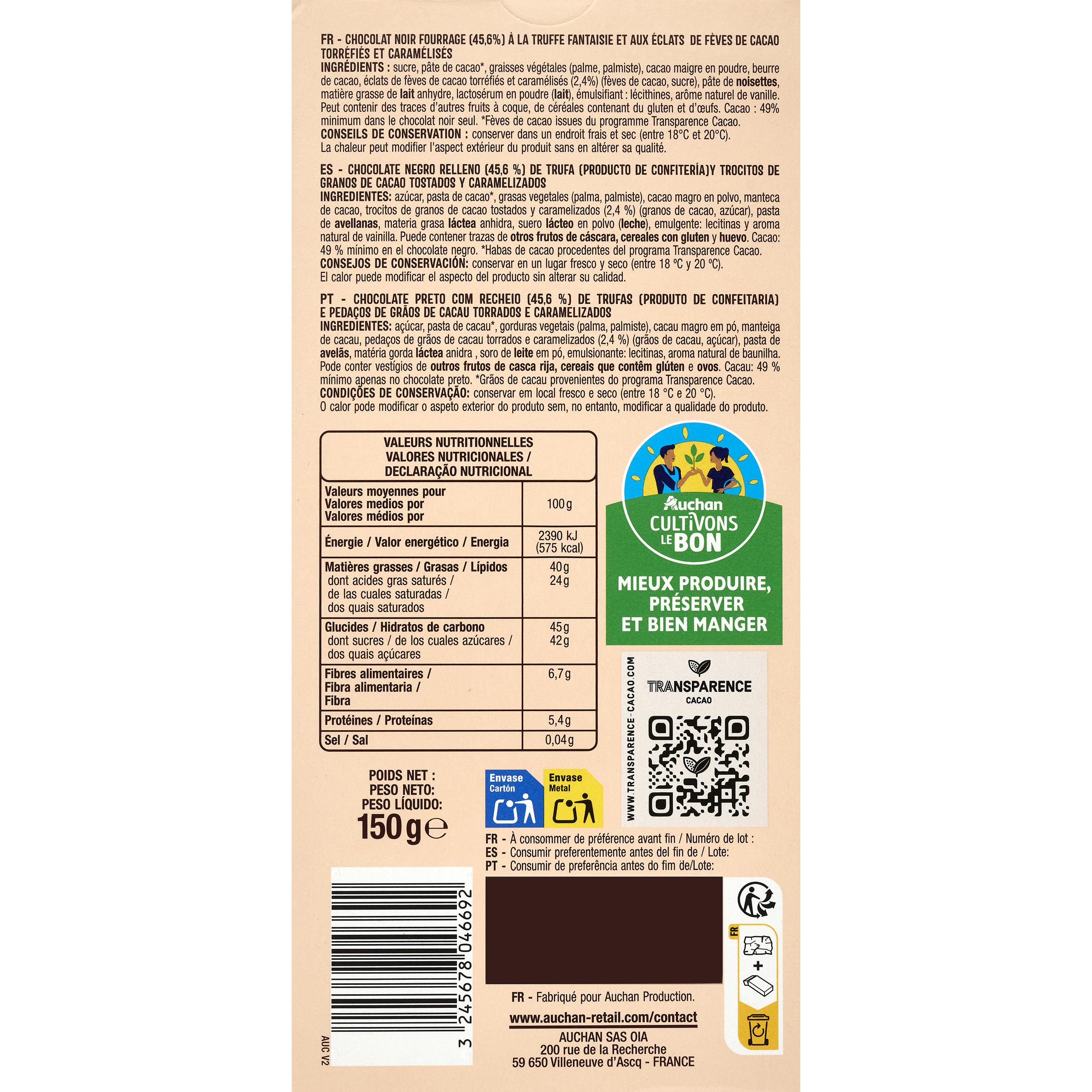 Voir la diapositive 3 : AUCHAN CULTIVONS LE BON Tablette de chocolat noir truffe fantaisie et éclats de fèves 1 pièce 150g