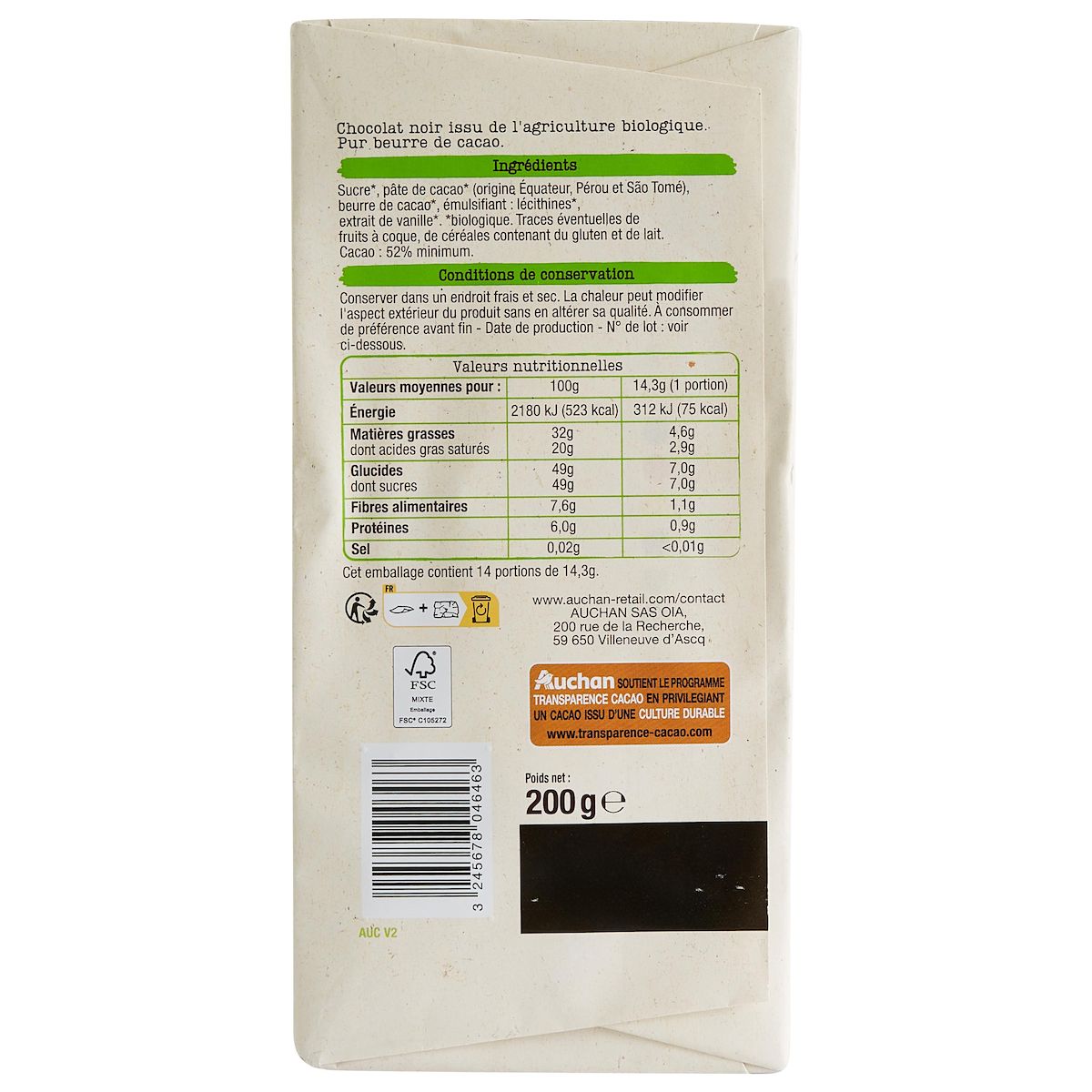 AUCHAN BIO CULTIVONS LE BON Tablette de chocolat noir pâtissier 52% cacao 1 pièce 200g