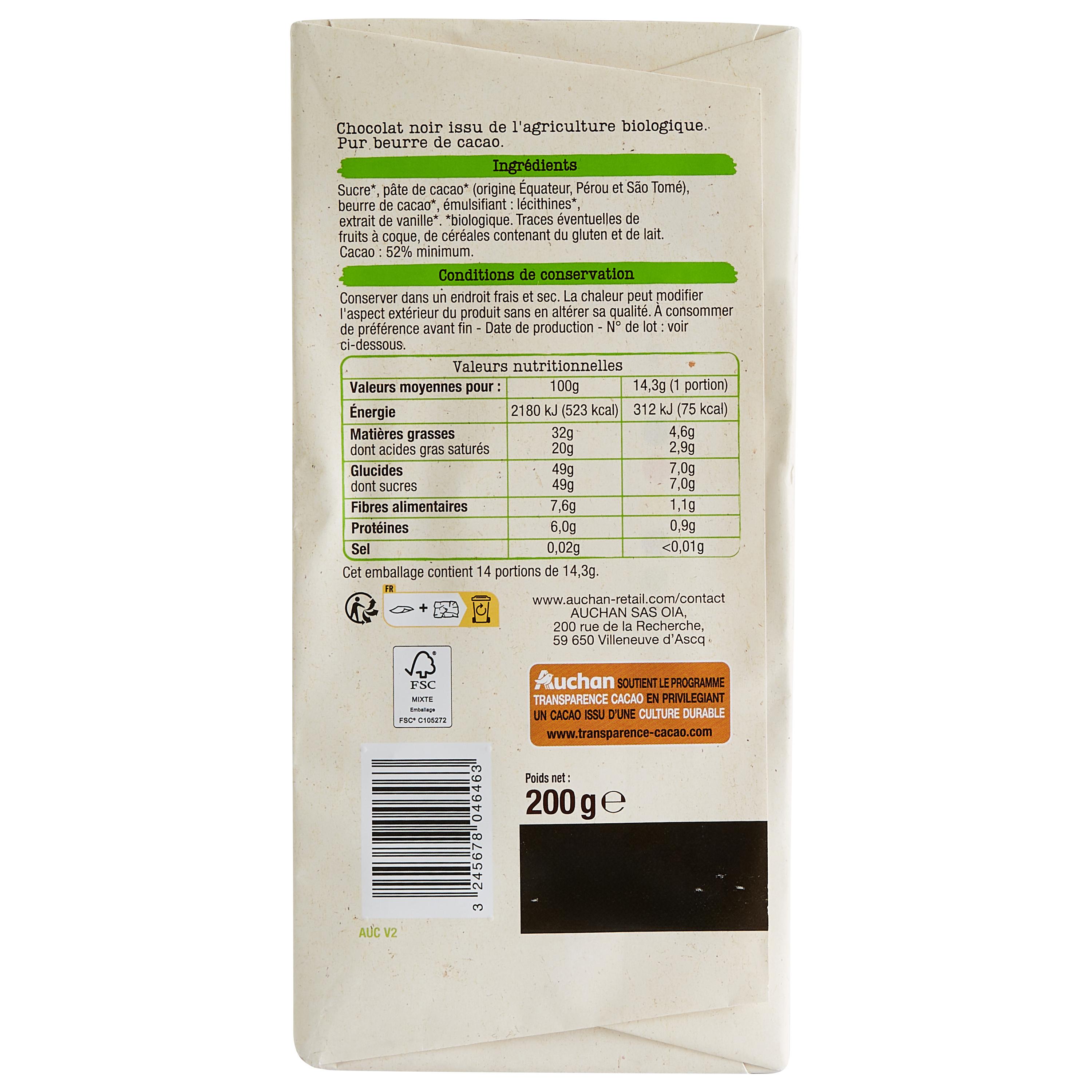 Voir la diapositive 3 : AUCHAN BIO CULTIVONS LE BON Tablette de chocolat noir pâtissier 52% cacao 1 pièce 200g