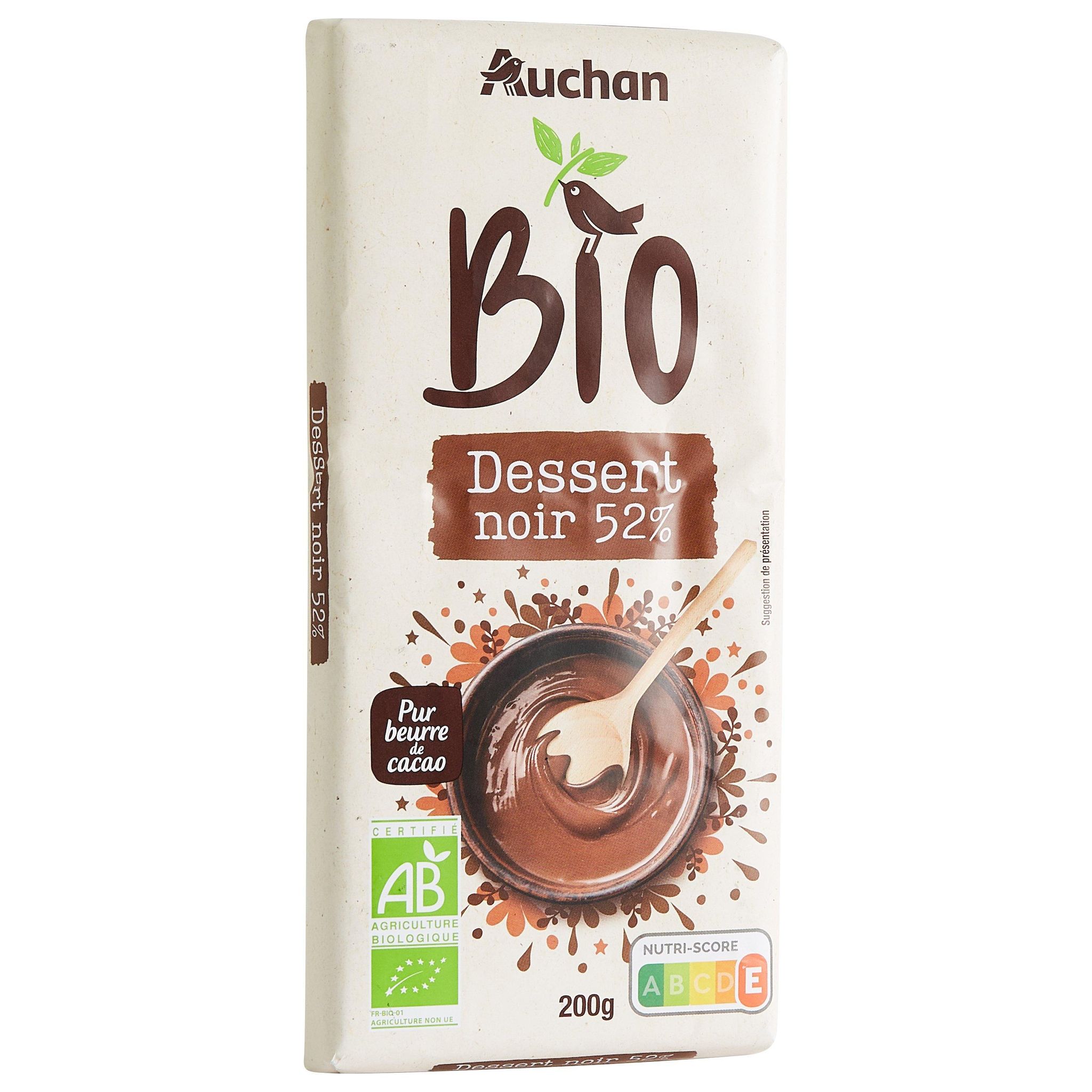 Voir la diapositive 3 : AUCHAN BIO CULTIVONS LE BON Tablette de chocolat noir pâtissier 52% cacao 1 pièce 200g