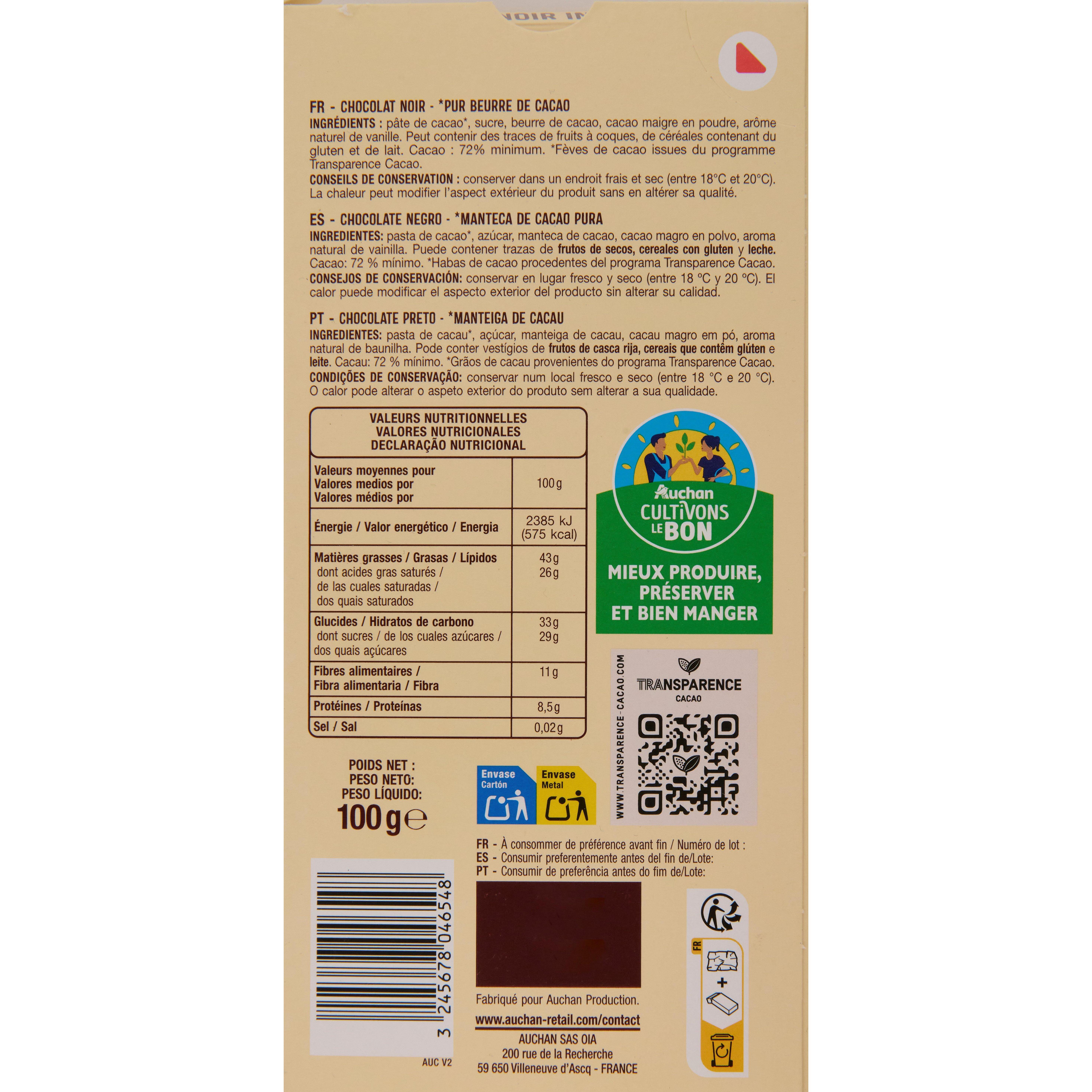 Voir la diapositive 2 : AUCHAN CULTIVONS LE BON Tablette de chocolat noir 72% 1 pièce 100g