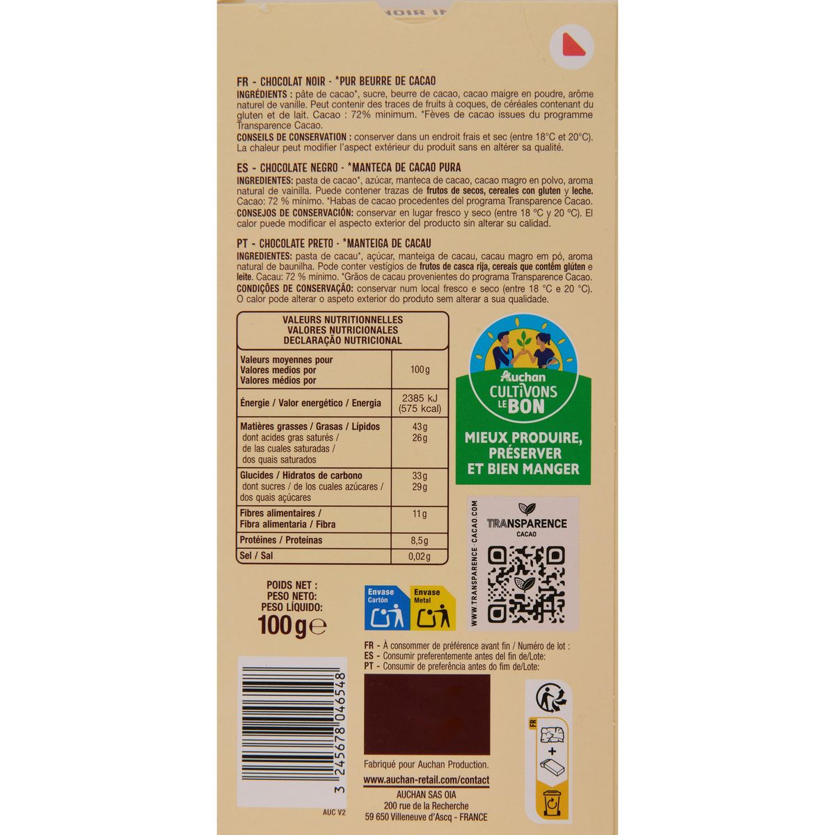 AUCHAN CULTIVONS LE BON Tablette de chocolat noir 72% 1 pièce 100g