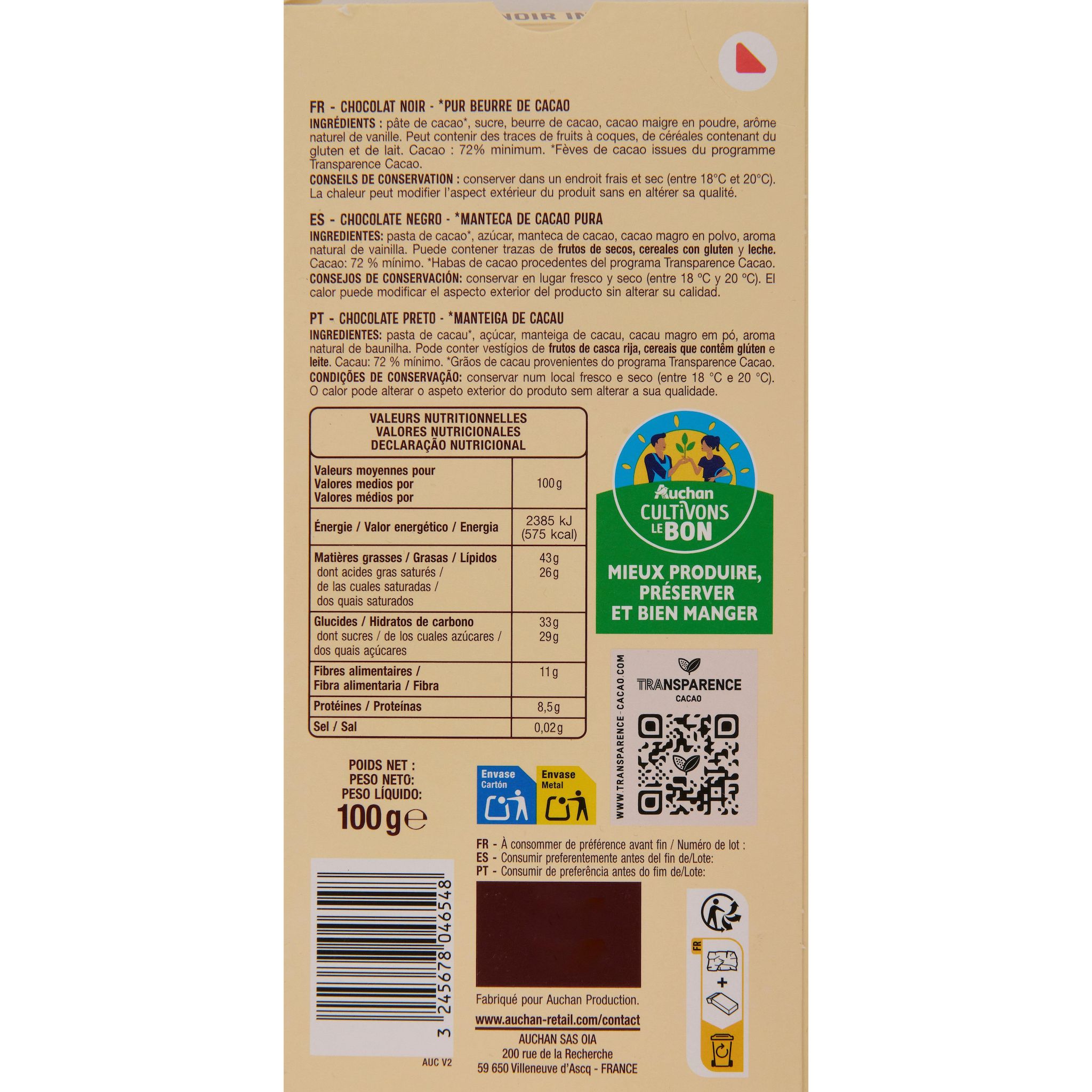 Voir la diapositive 2 : AUCHAN CULTIVONS LE BON Tablette de chocolat noir 72% 1 pièce 100g