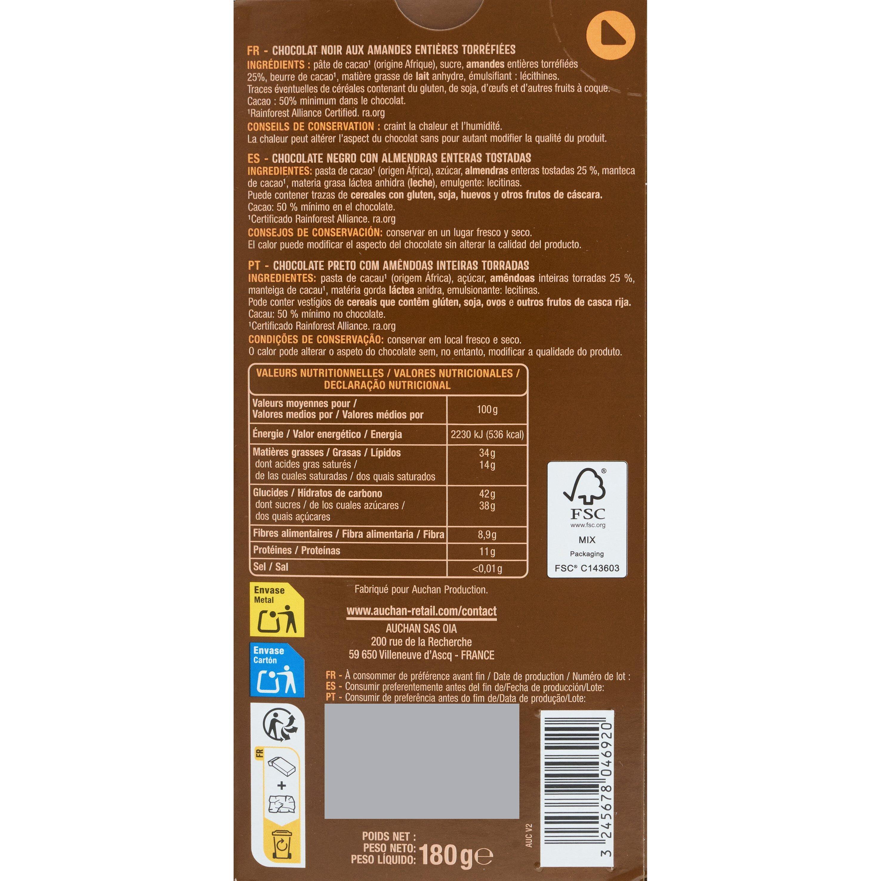 Voir la diapositive 2 : AUCHAN Tablette de chocolat noir aux amandes entières 1 pièce 180g