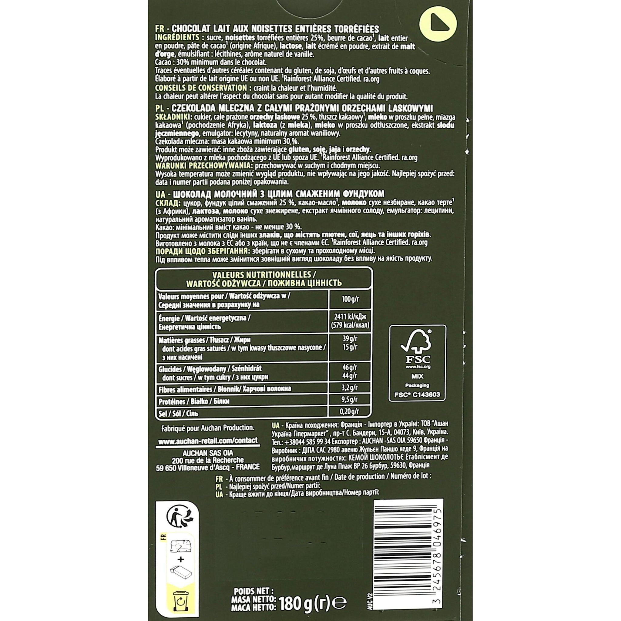 Voir la diapositive 2 : AUCHAN Tablette de chocolat au lait aux noisettes entières 1 pièce 180g