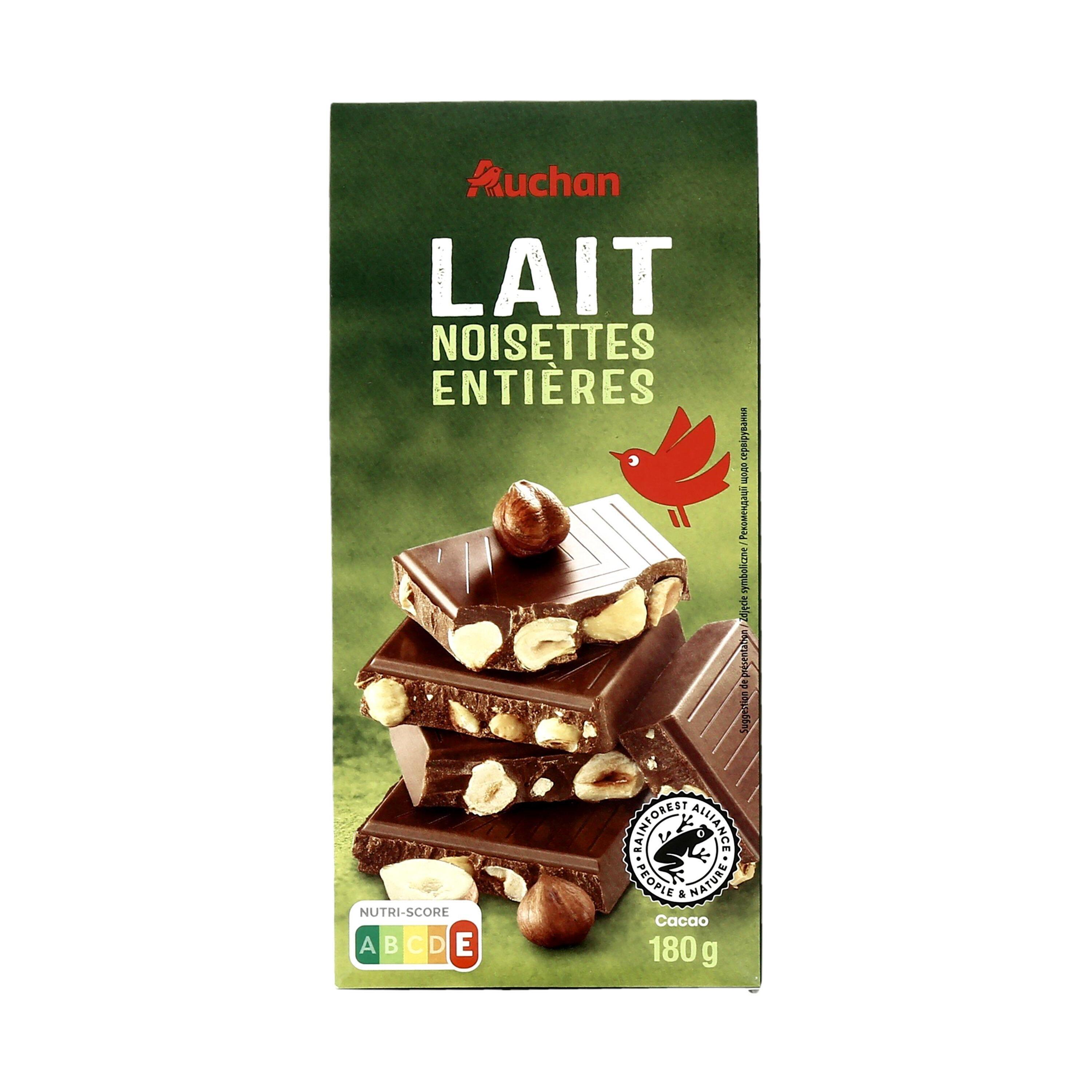 Voir la diapositive 3 : AUCHAN Tablette de chocolat au lait aux noisettes entières 1 pièce 180g