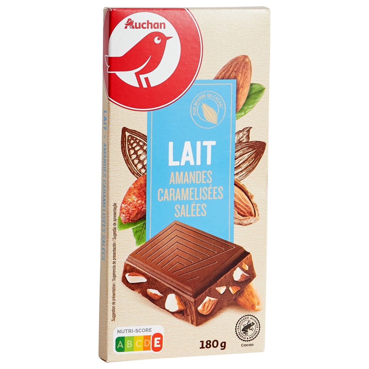 AUCHAN Tablette de chocolat au lait et amandes caramélisées salées 1 pièce 180g