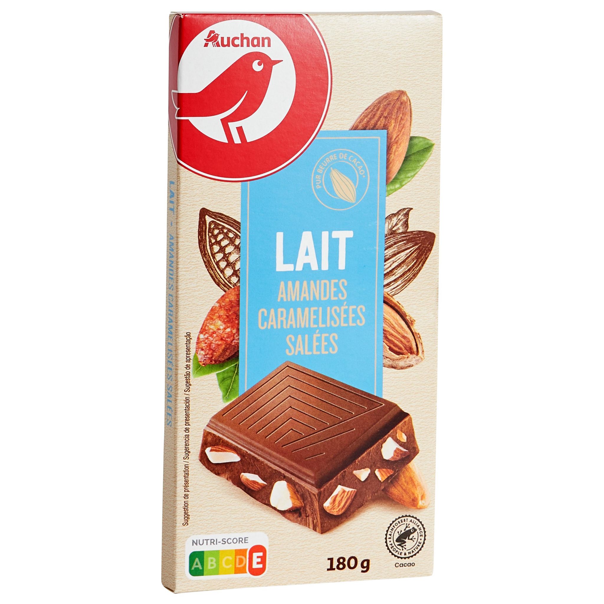 Voir la diapositive 2 : AUCHAN Tablette de chocolat au lait et amandes caramélisées salées 1 pièce 180g