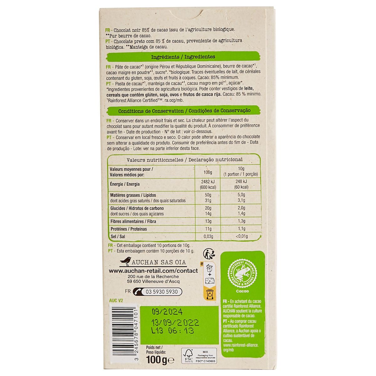AUCHAN BIO Tablette de chocolat noir 85% cacao 1 pièce 100g