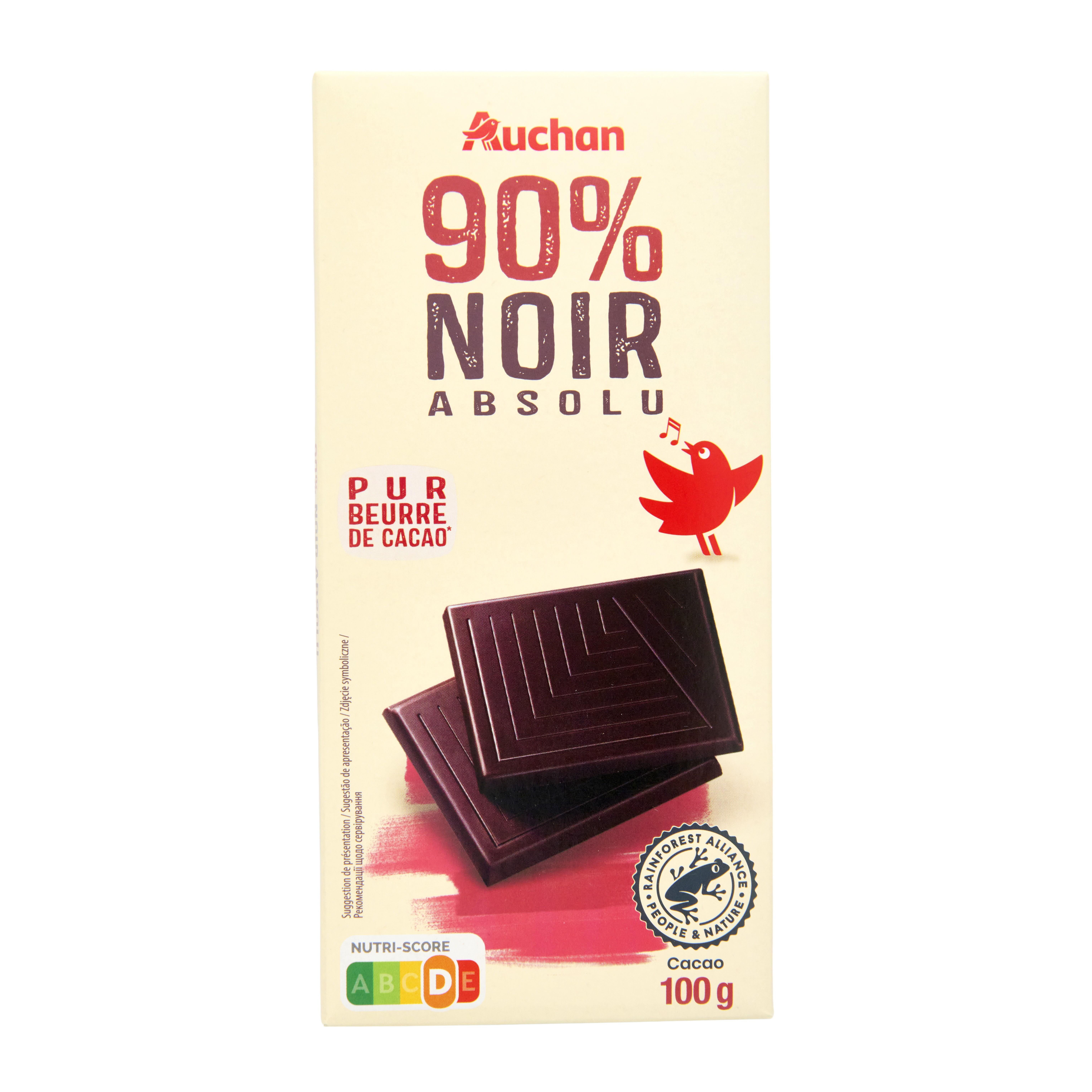 Voir la diapositive 3 : AUCHAN Tablette de chocolat noir absolu dégustation 90% cacao 1 pièce 100g