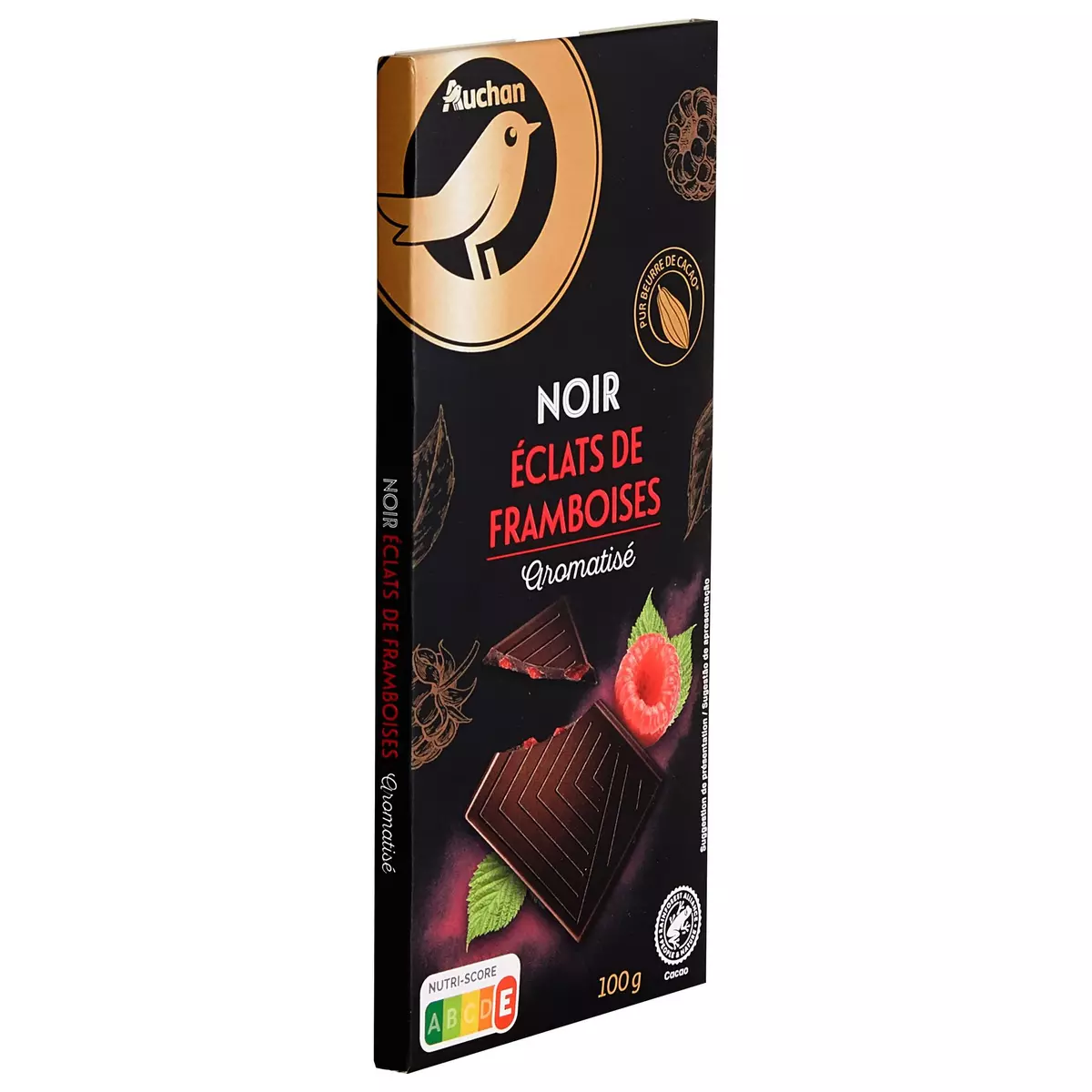 AUCHAN GOURMET Tablette de chocolat noir dégustation 55% et éclats de framboise 1 pièce 100g