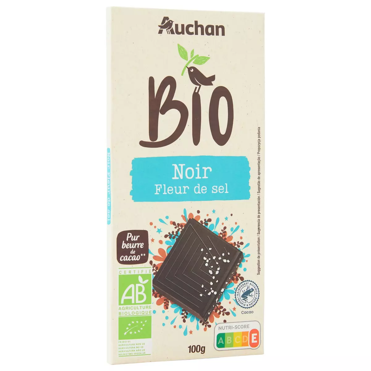 AUCHAN BIO Tablette de chocolat noir 55% fleur de sel 1 pièce 100g