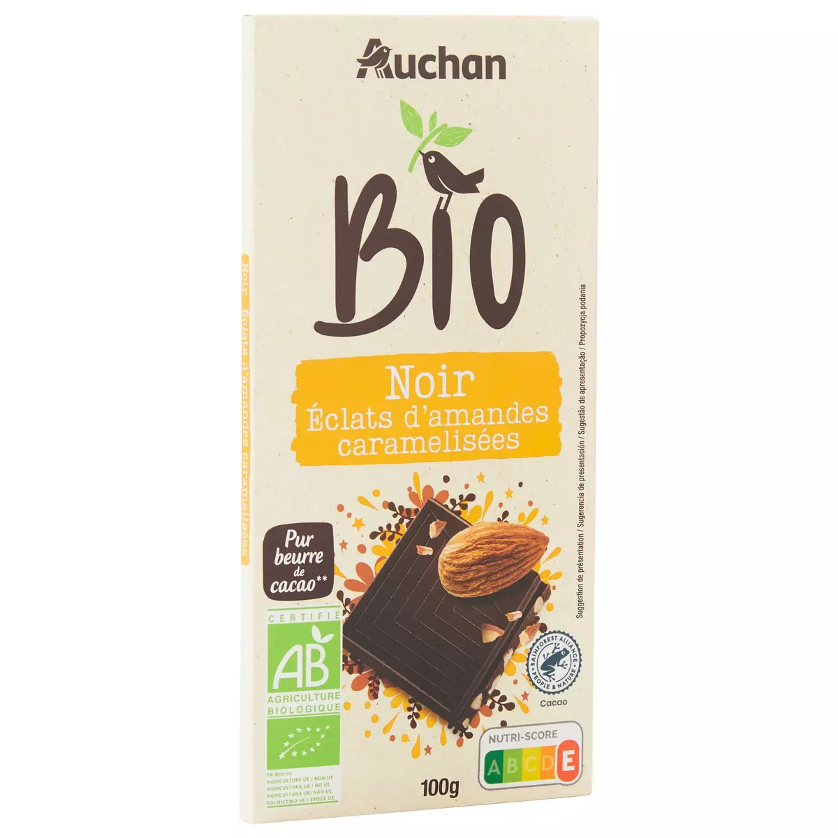 AUCHAN BIO Tablette de chocolat noir dégustation avec amandes caramélisées 1 pièce 100g