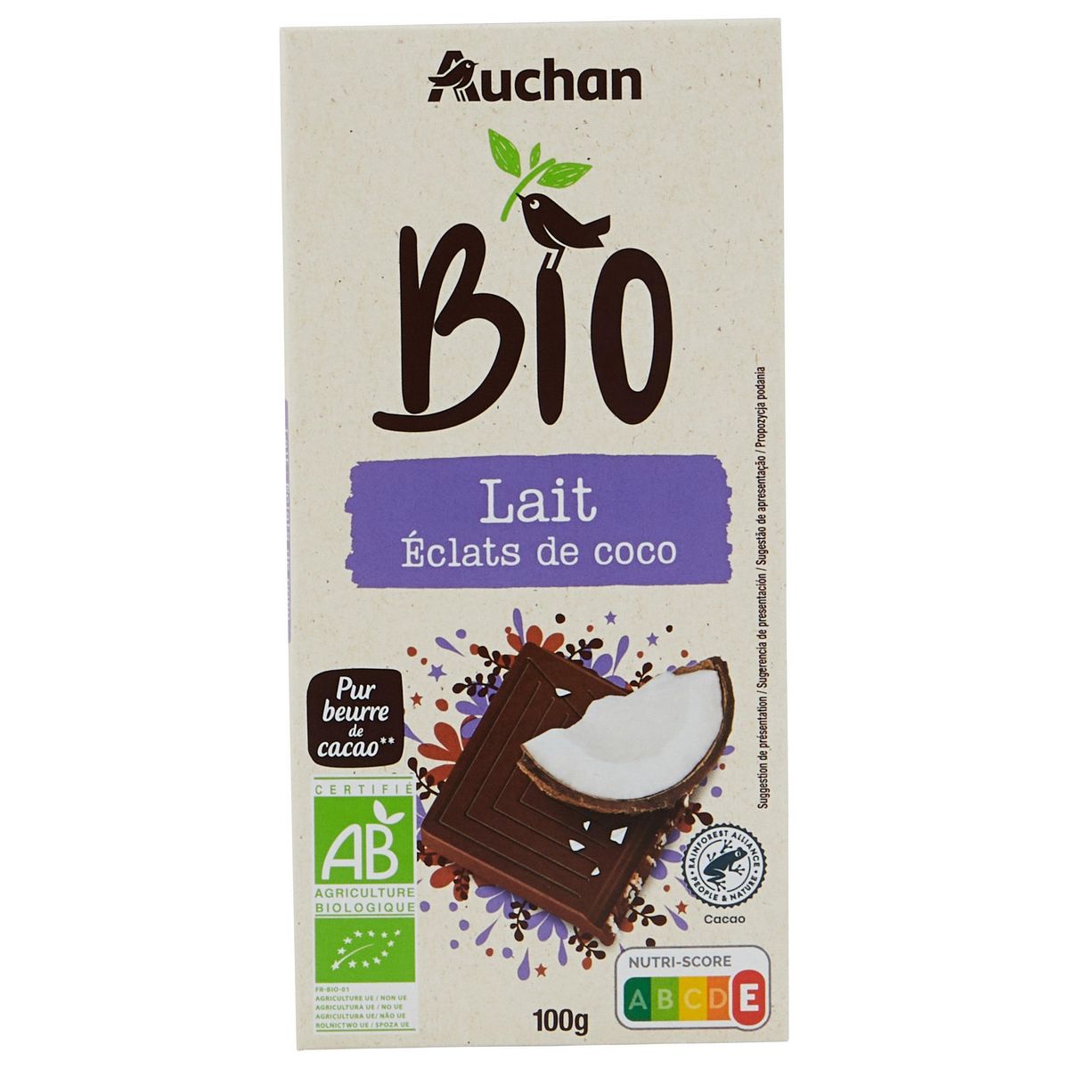 AUCHAN BIO Tablette de chocolat au lait éclats de noix de coco bio 1 pièce 100g