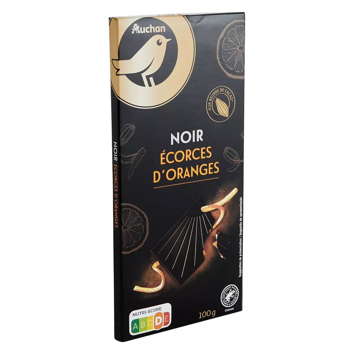 AUCHAN GOURMET Tablette chocolat noir écorces d'oranges 100g