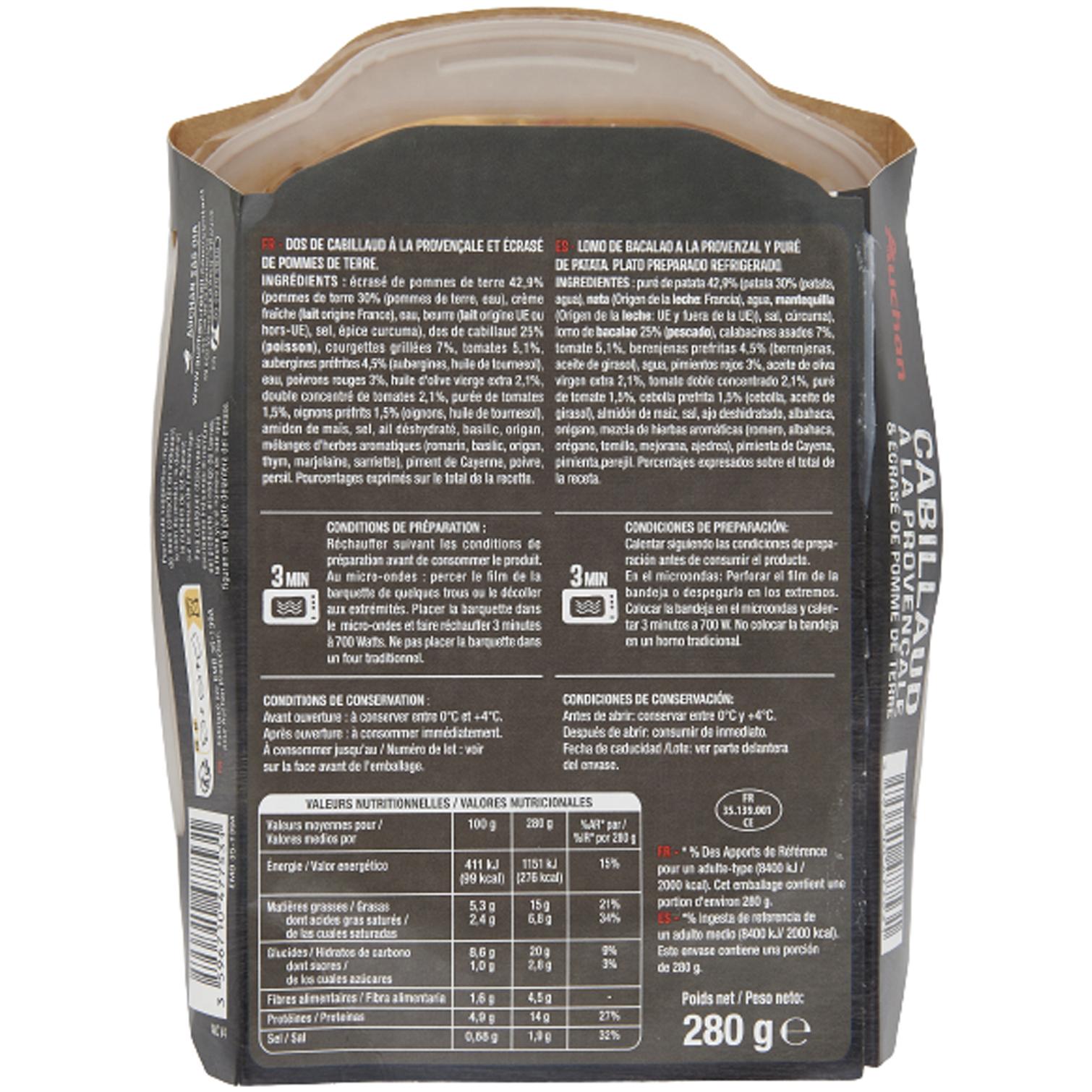 Voir la diapositive 2 : AUCHAN Dos de cabillaud provençale et écrasé de pommes de terre 1 part 280g
