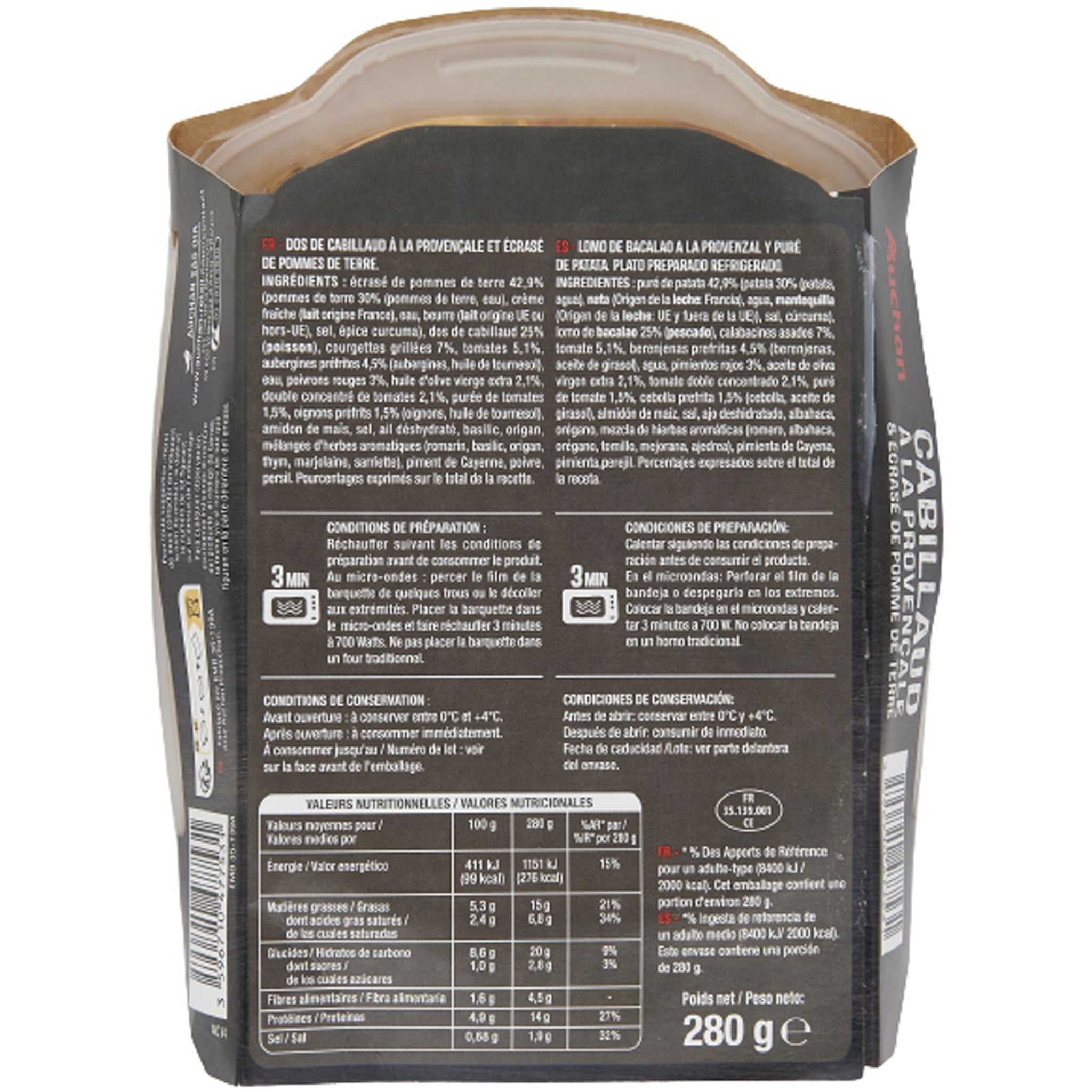 Voir la diapositive 2 : AUCHAN Dos de cabillaud provençale et écrasé de pommes de terre 1 part 280g