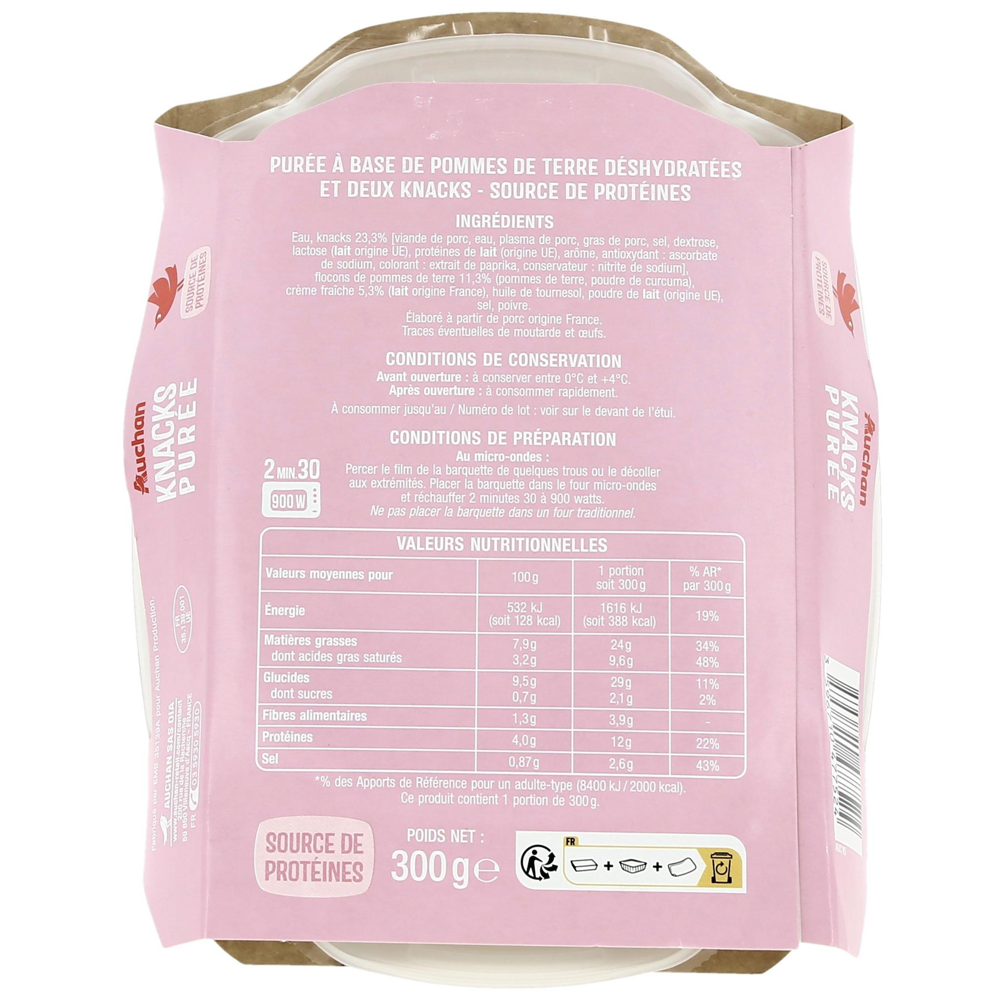 Voir la diapositive 3 : AUCHAN Saucisses de porc et purée 300g