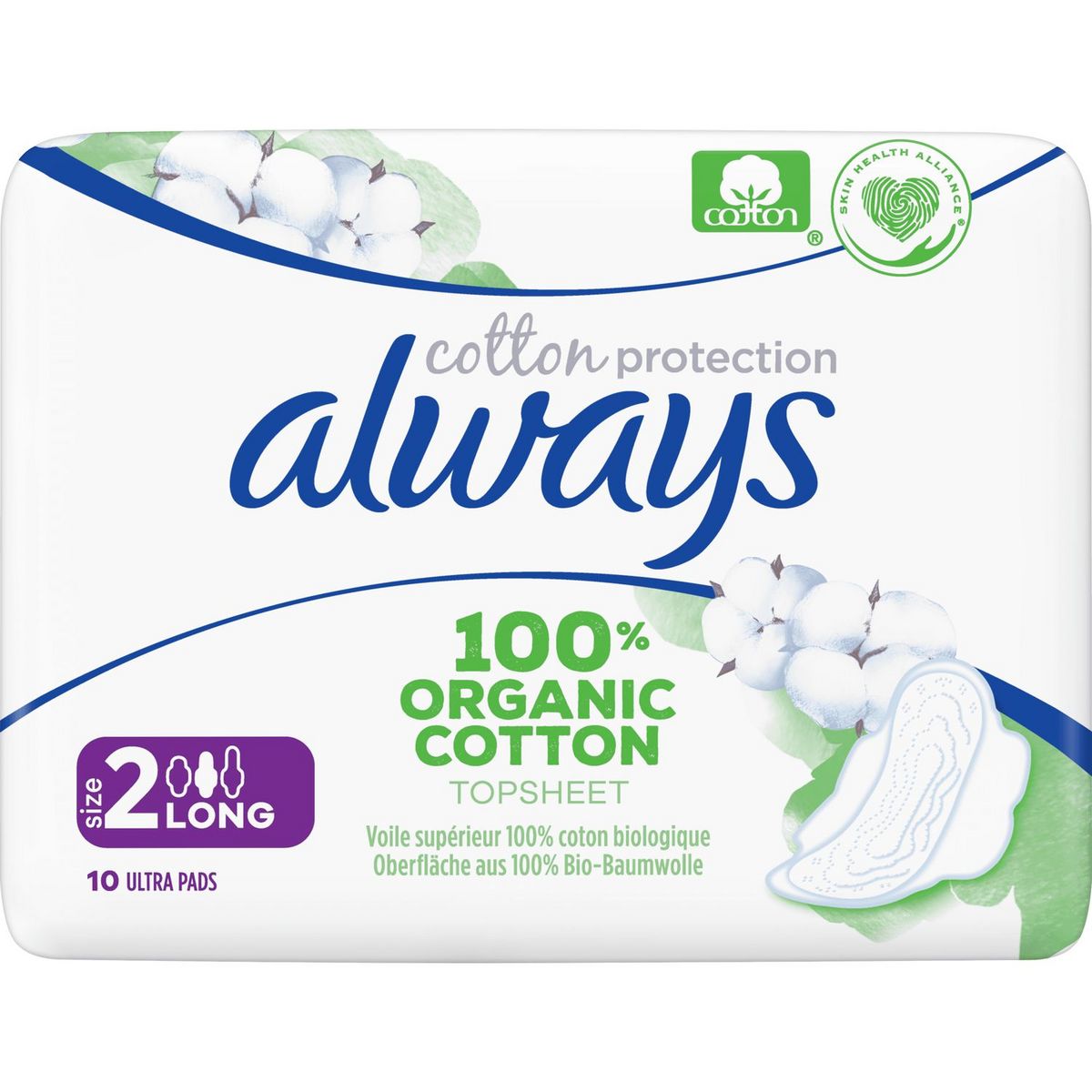 ALWAYS Serviettes hygiéniques en coton bio avec ailettes long taille 2 10 serviettes