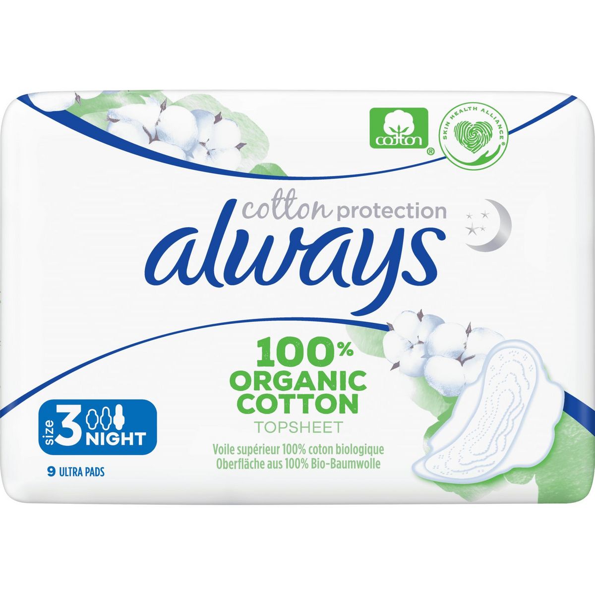 ALWAYS Serviettes hygiéniques en coton bio avec ailettes nuit taille 3 9 serviettes