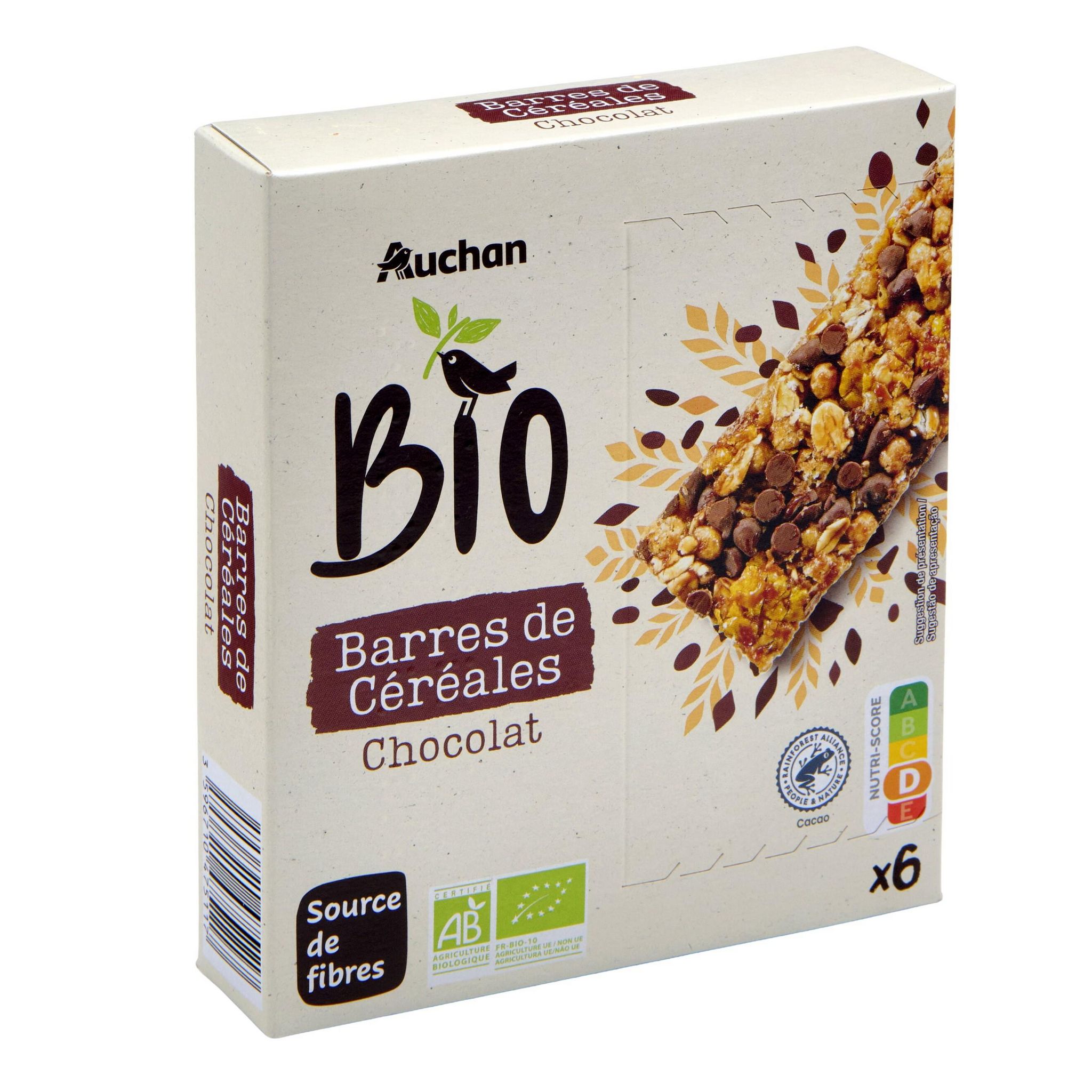 Voir la diapositive 2 : AUCHAN BIO Barres de céréales au chocolat 6 barres 138g