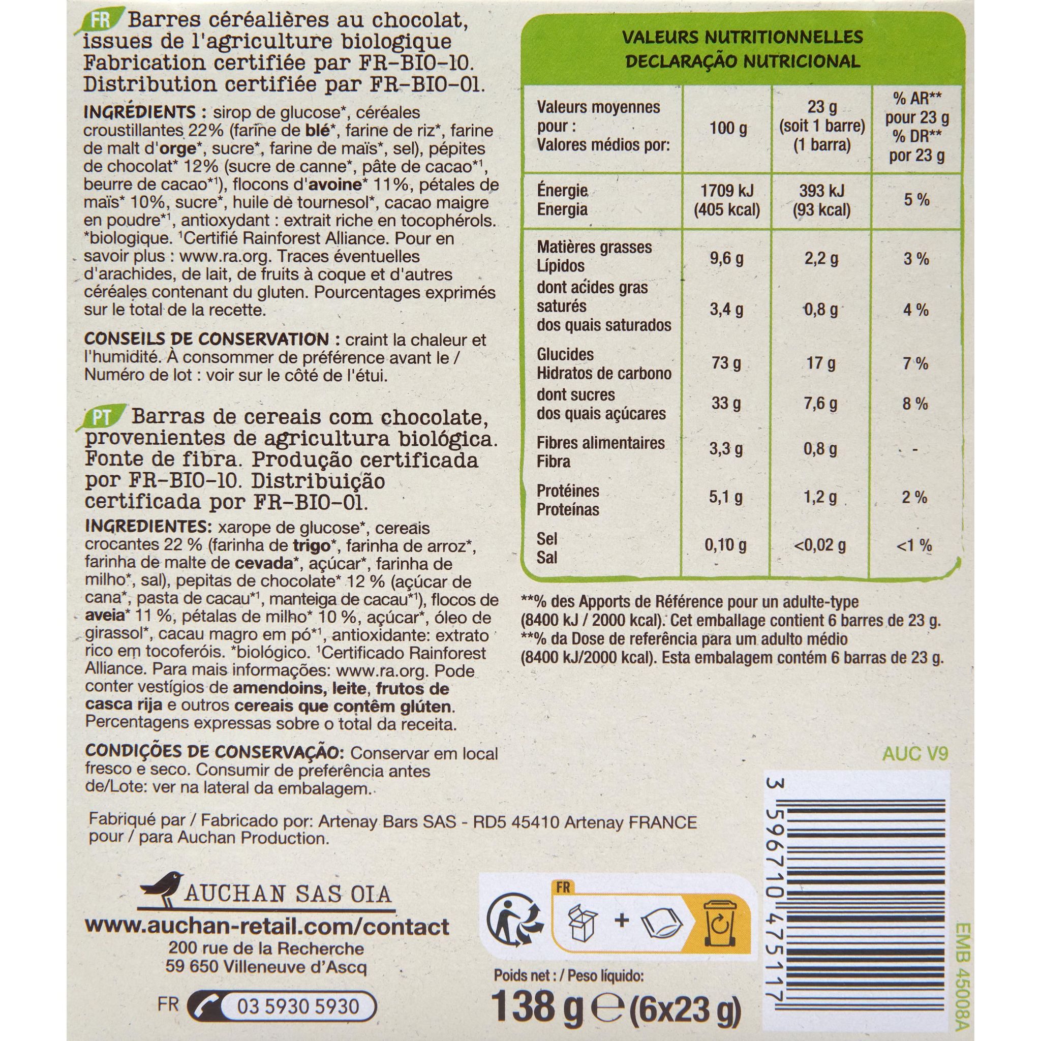Voir la diapositive 3 : AUCHAN BIO Barres de céréales au chocolat 6 barres 138g