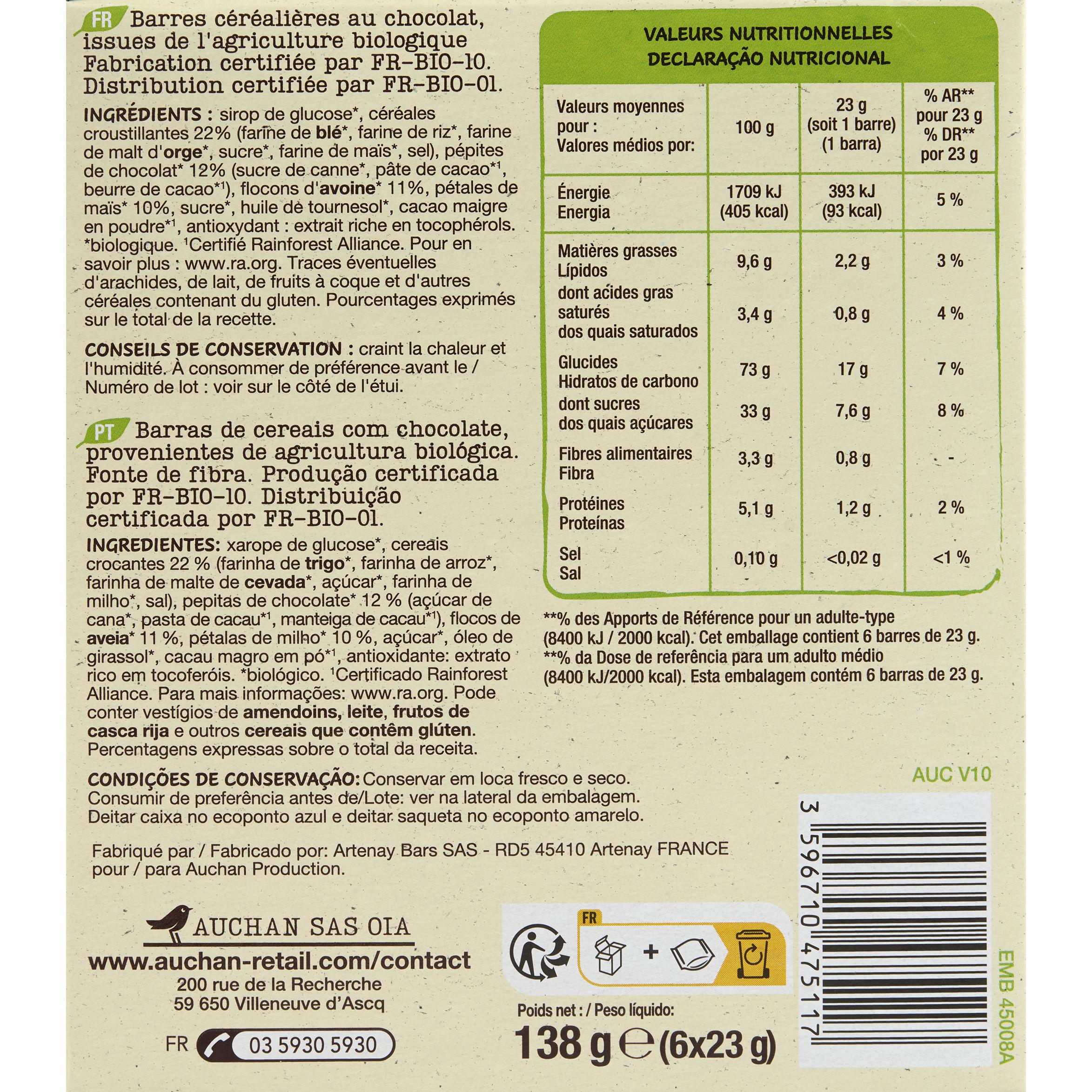 Voir la diapositive 4 : AUCHAN BIO Barres de céréales au chocolat 6 barres 138g